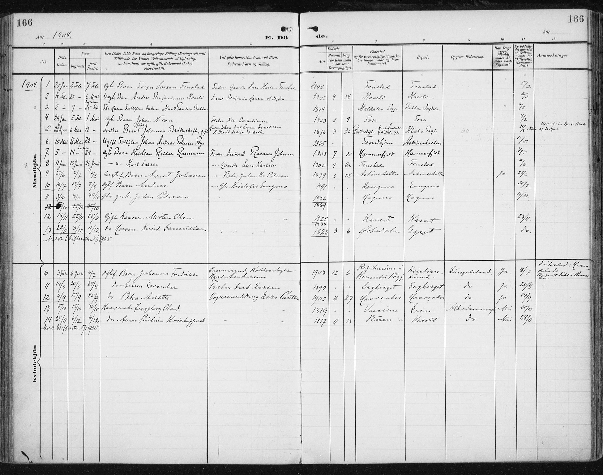 Ministerialprotokoller, klokkerbøker og fødselsregistre - Sør-Trøndelag, SAT/A-1456/646/L0616: Parish register (official) no. 646A14, 1900-1918, p. 166