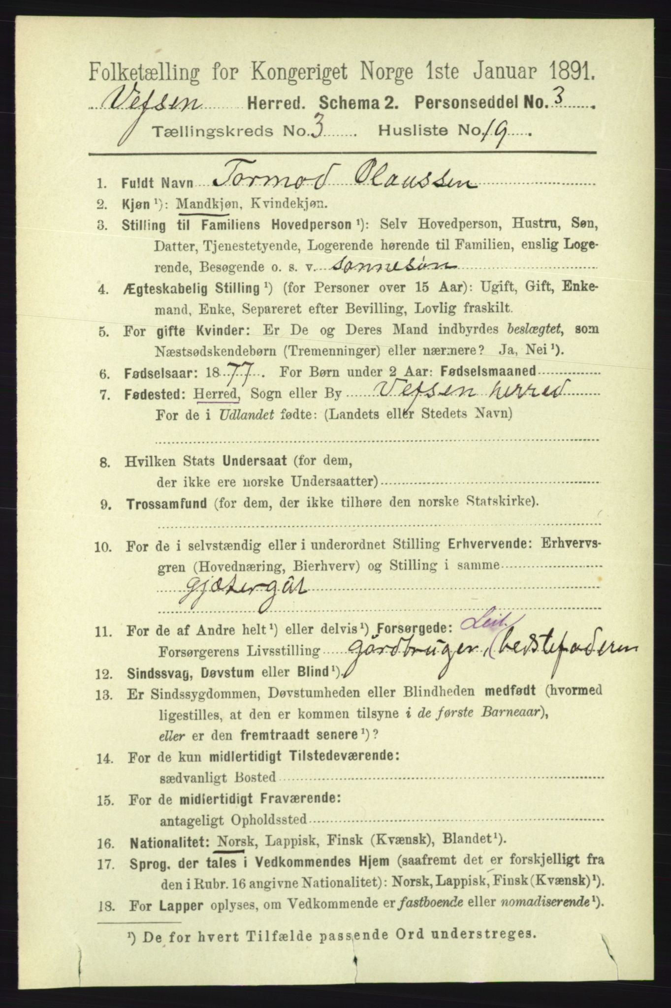 RA, 1891 census for 1824 Vefsn, 1891, p. 1411