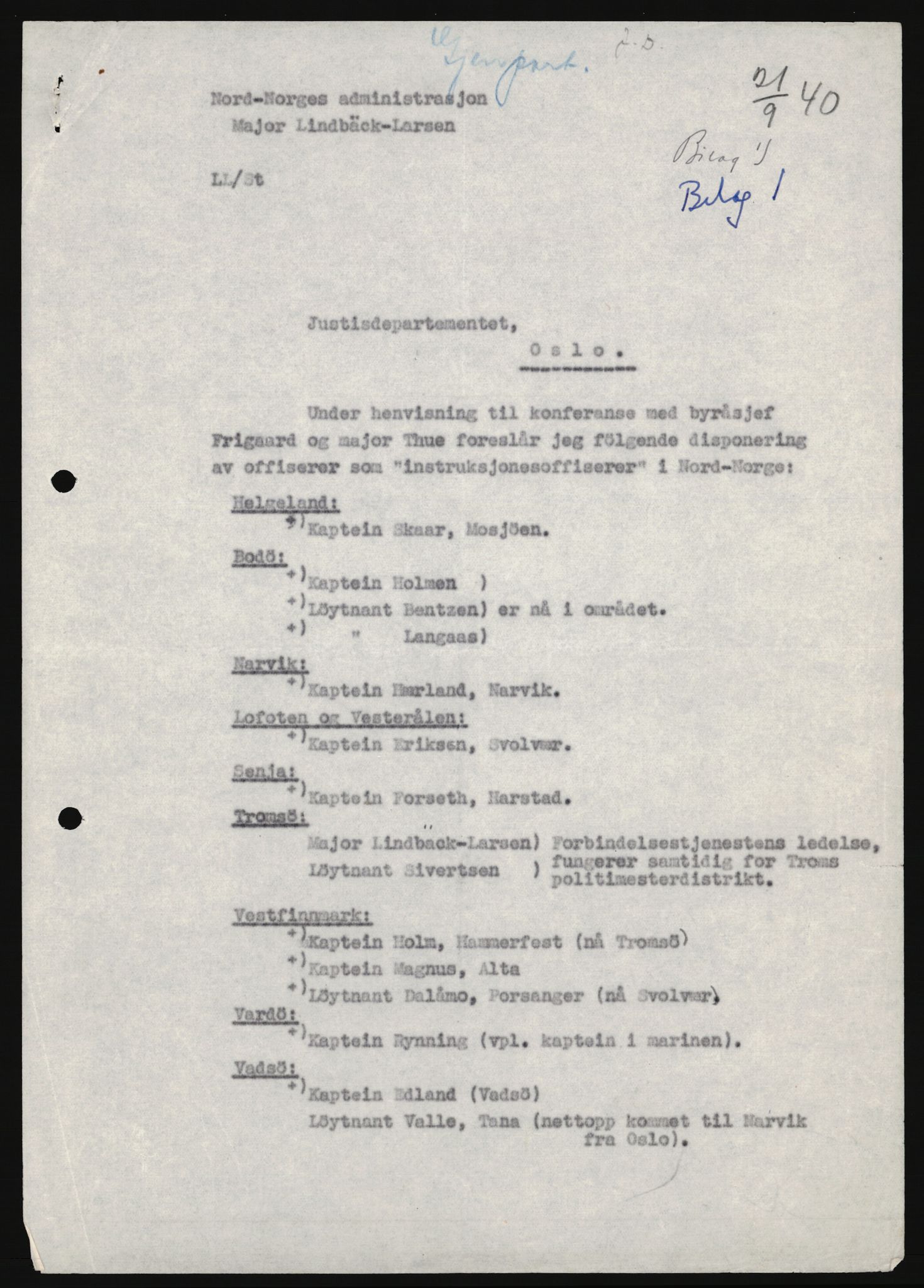 Forsvaret, Forsvarets krigshistoriske avdeling, AV/RA-RAFA-2017/Y/Yb/L0158: II-C-11-699  -  Administrasjonen av Nord-Norge, 1940, p. 2