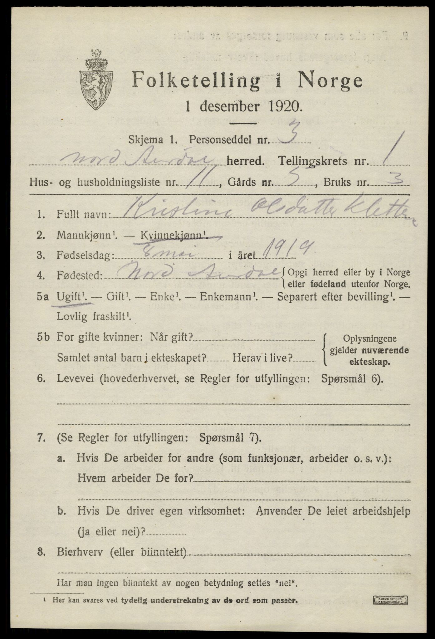 SAH, 1920 census for Nord-Aurdal, 1920, p. 1996