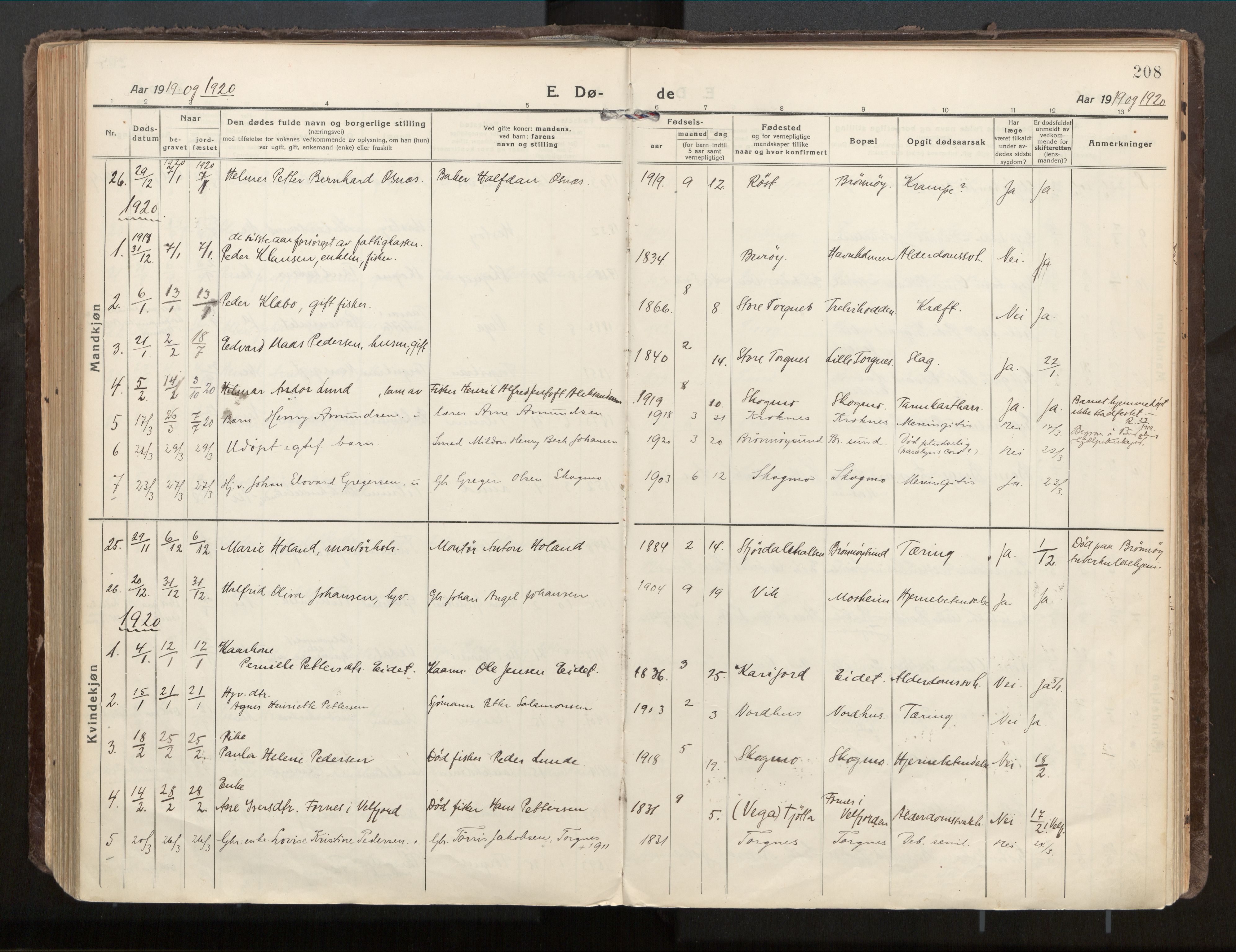Ministerialprotokoller, klokkerbøker og fødselsregistre - Nordland, SAT/A-1459/813/L0207a: Parish register (official) no. 813A18, 1919-1927, p. 208