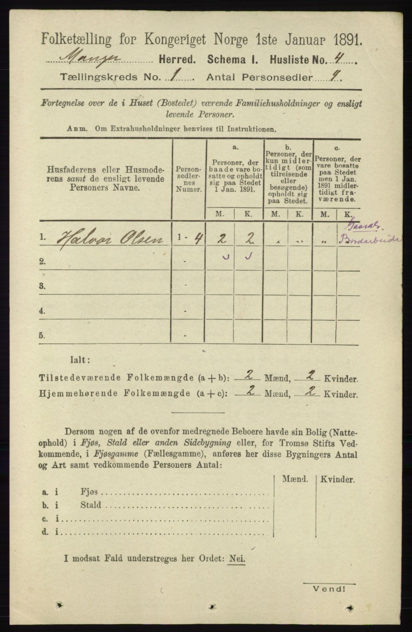 RA, 1891 census for 1261 Manger, 1891, p. 39