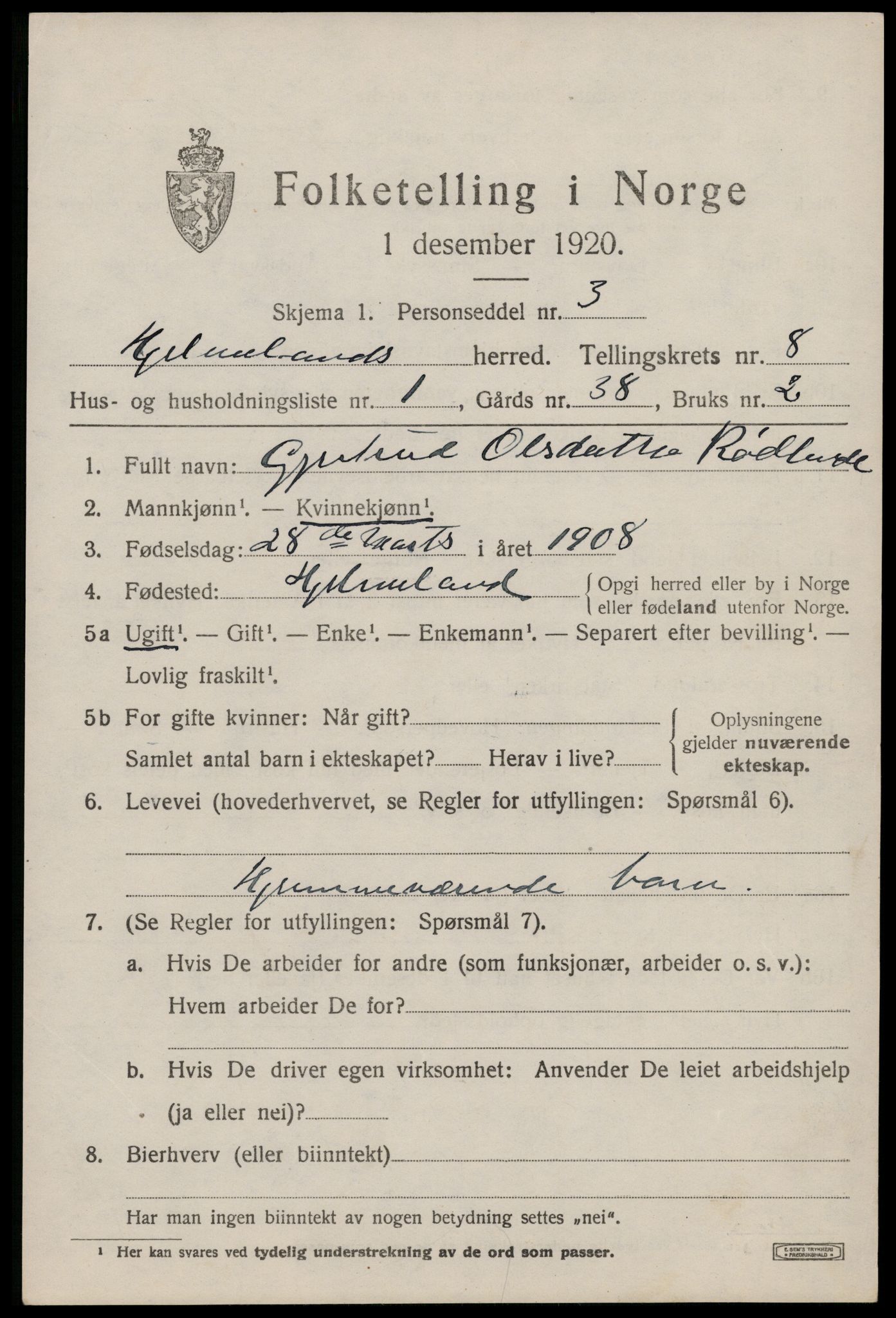 SAST, 1920 census for Hjelmeland, 1920, p. 2453