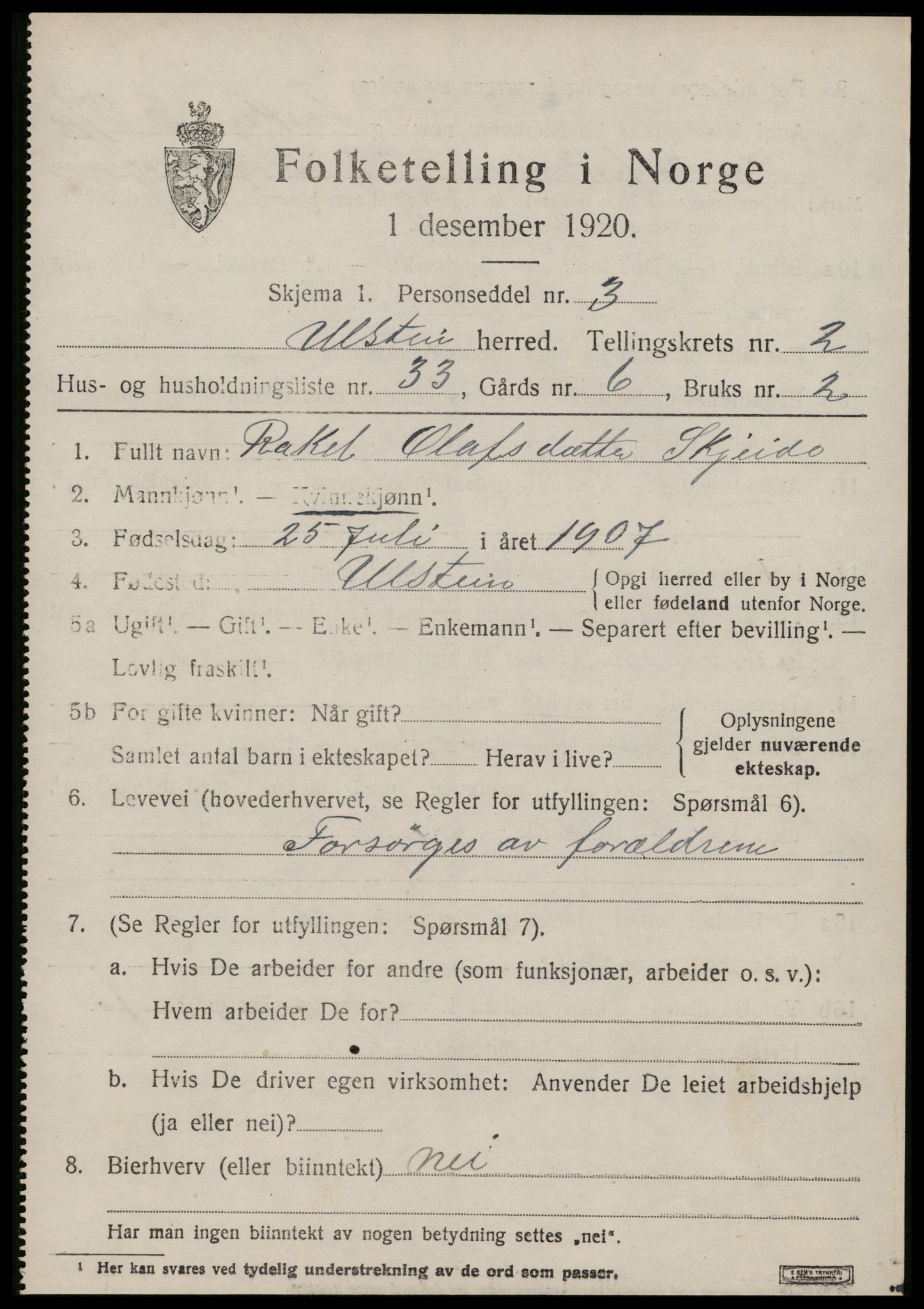 SAT, 1920 census for Ulstein, 1920, p. 1600