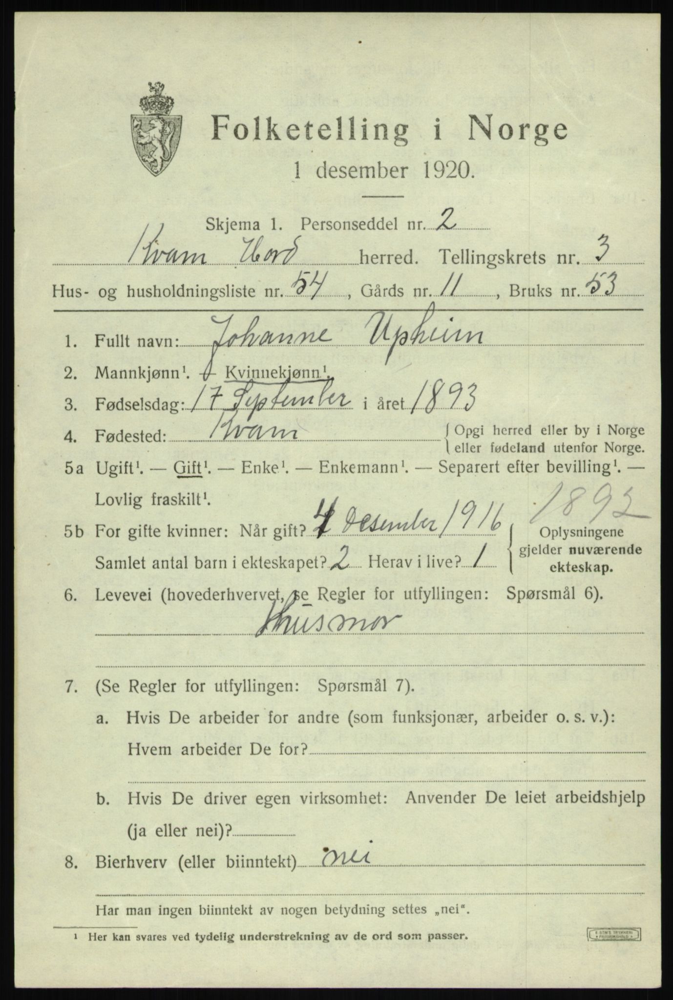 SAB, 1920 census for Kvam, 1920, p. 3221