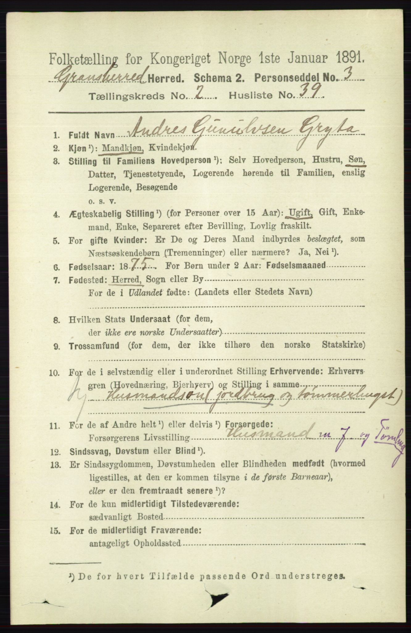 RA, 1891 census for 0824 Gransherad, 1891, p. 474