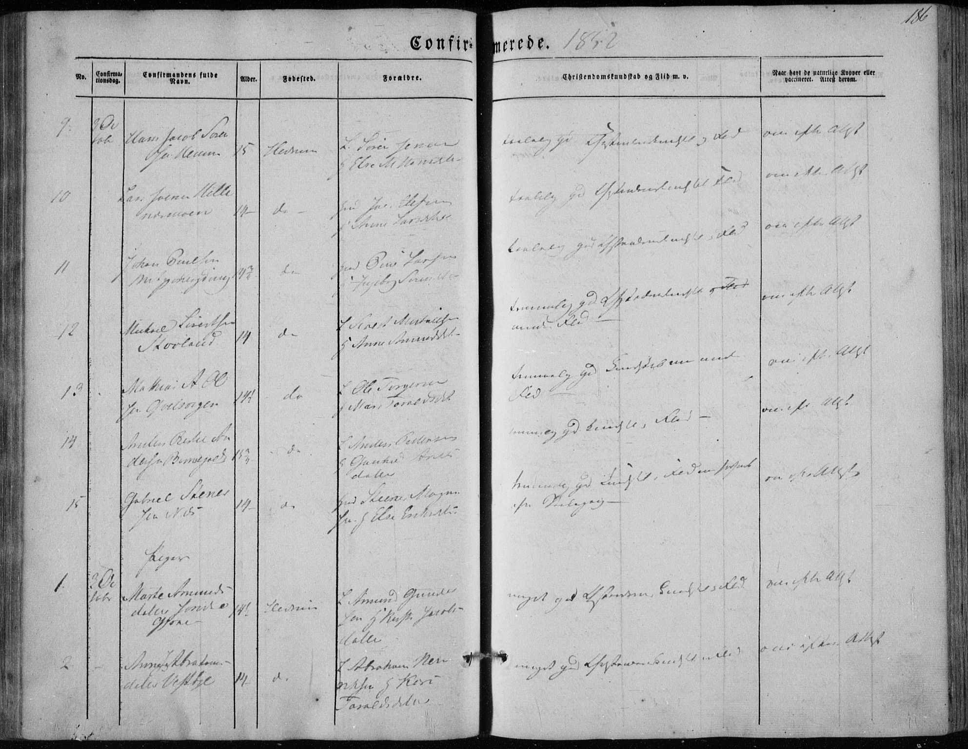 Hedrum kirkebøker, AV/SAKO-A-344/F/Fa/L0006: Parish register (official) no. I 6, 1849-1857, p. 186