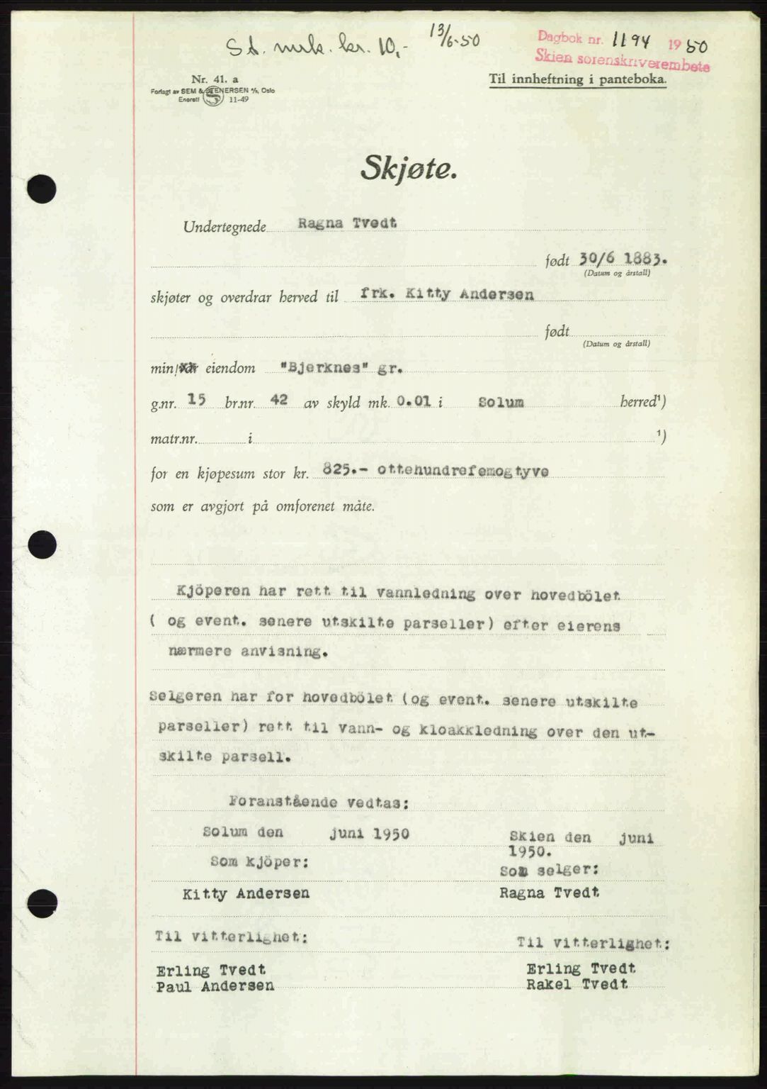 Skien sorenskriveri, AV/SAKO-A-225/G/Ga/Gaa/L0017: Mortgage book no. A-17, 1950-1950, Diary no: : 1194/1950
