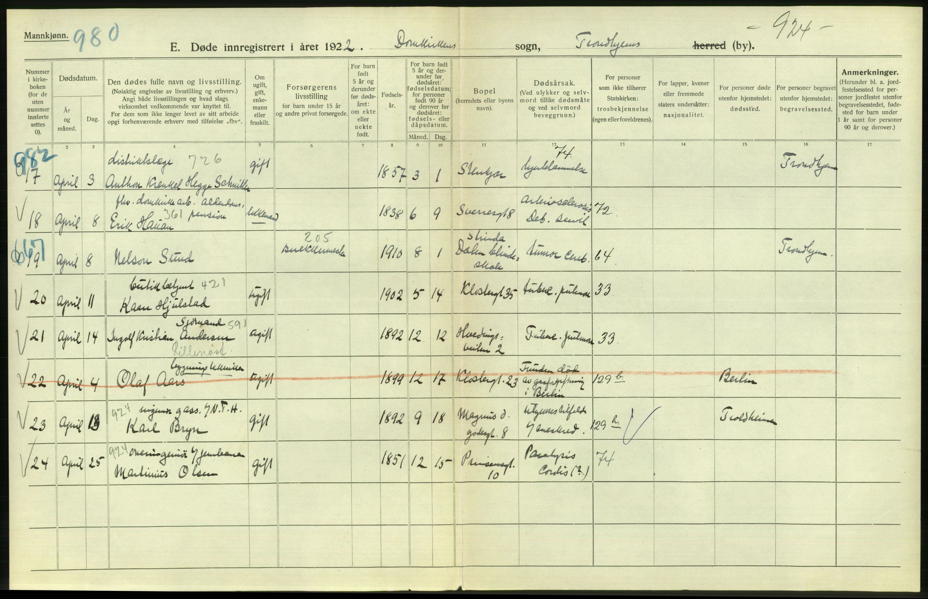 Statistisk sentralbyrå, Sosiodemografiske emner, Befolkning, AV/RA-S-2228/D/Df/Dfc/Dfcb/L0040: Trondheim: Gifte, døde, dødfødte., 1922, p. 352