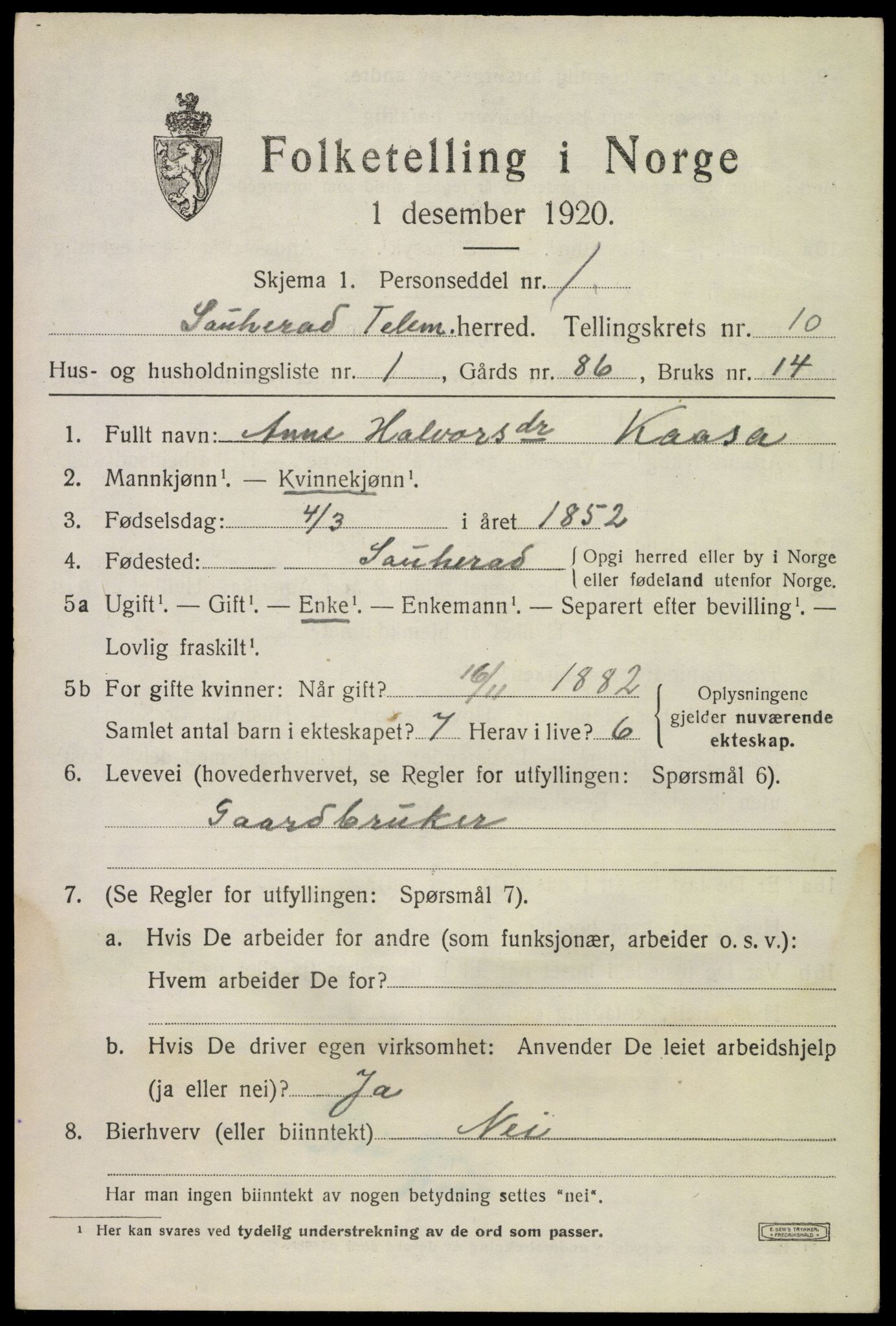 SAKO, 1920 census for Sauherad, 1920, p. 7355