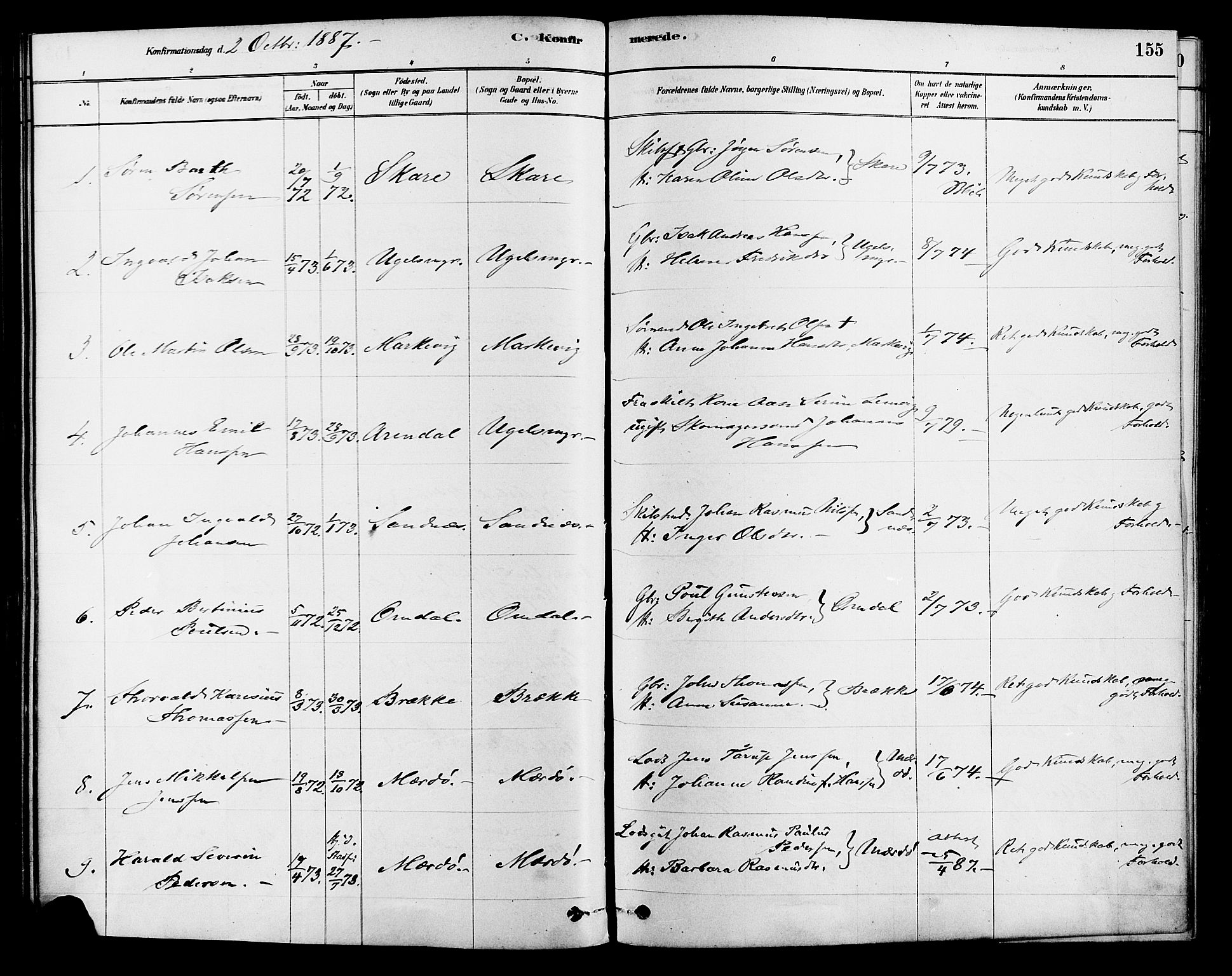 Tromøy sokneprestkontor, AV/SAK-1111-0041/F/Fa/L0009: Parish register (official) no. A 9, 1878-1896, p. 155