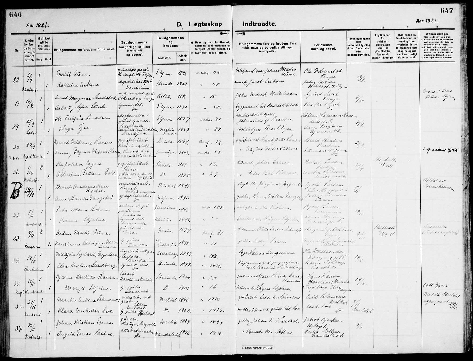 Ministerialprotokoller, klokkerbøker og fødselsregistre - Sør-Trøndelag, SAT/A-1456/607/L0321: Parish register (official) no. 607A05, 1916-1935, p. 646-647