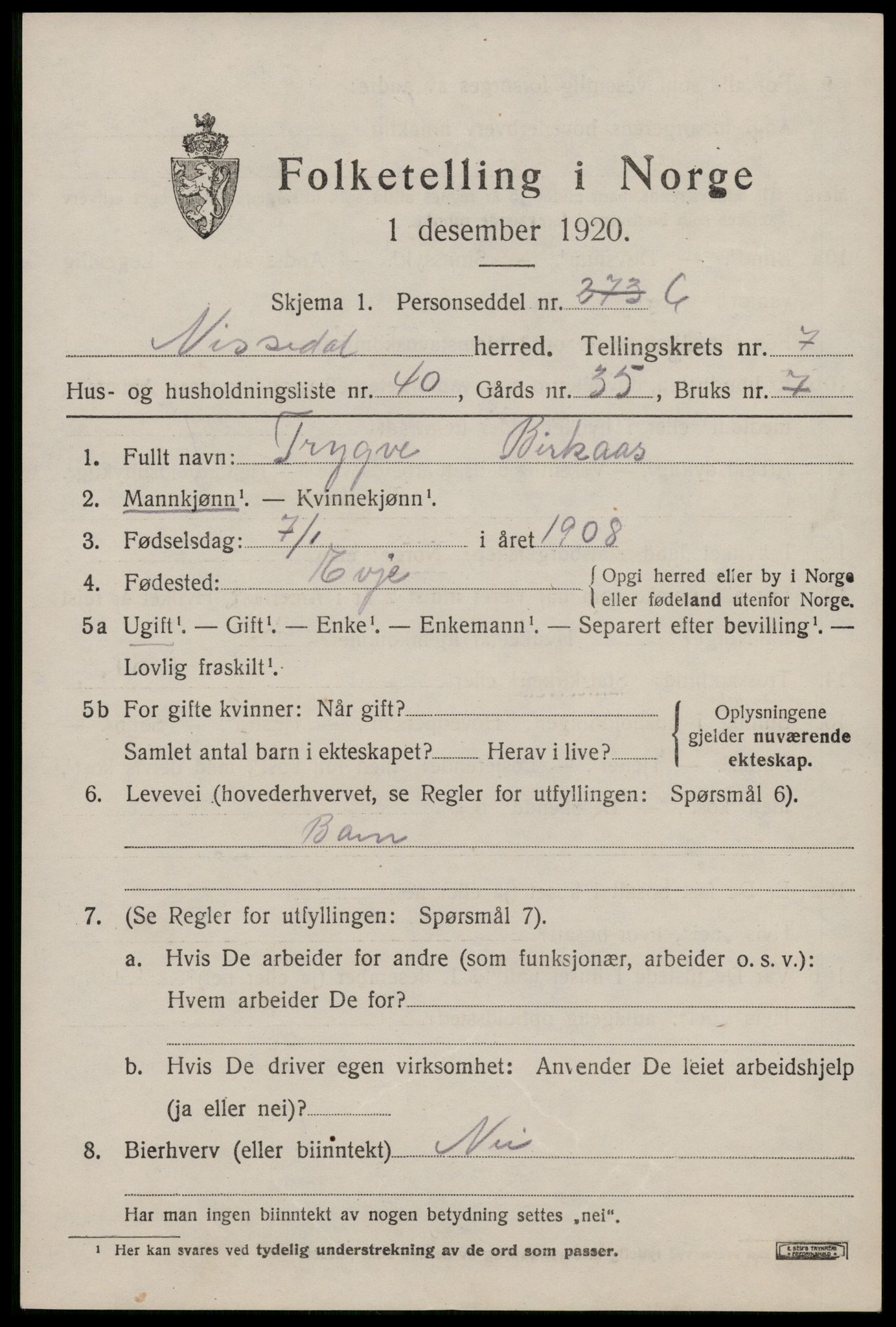 SAKO, 1920 census for Nissedal, 1920, p. 3017