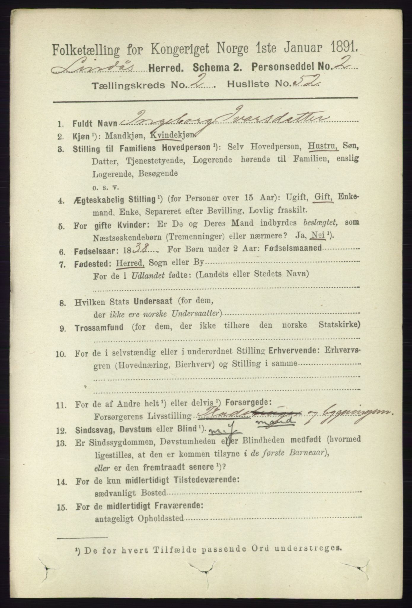 RA, 1891 census for 1263 Lindås, 1891, p. 749