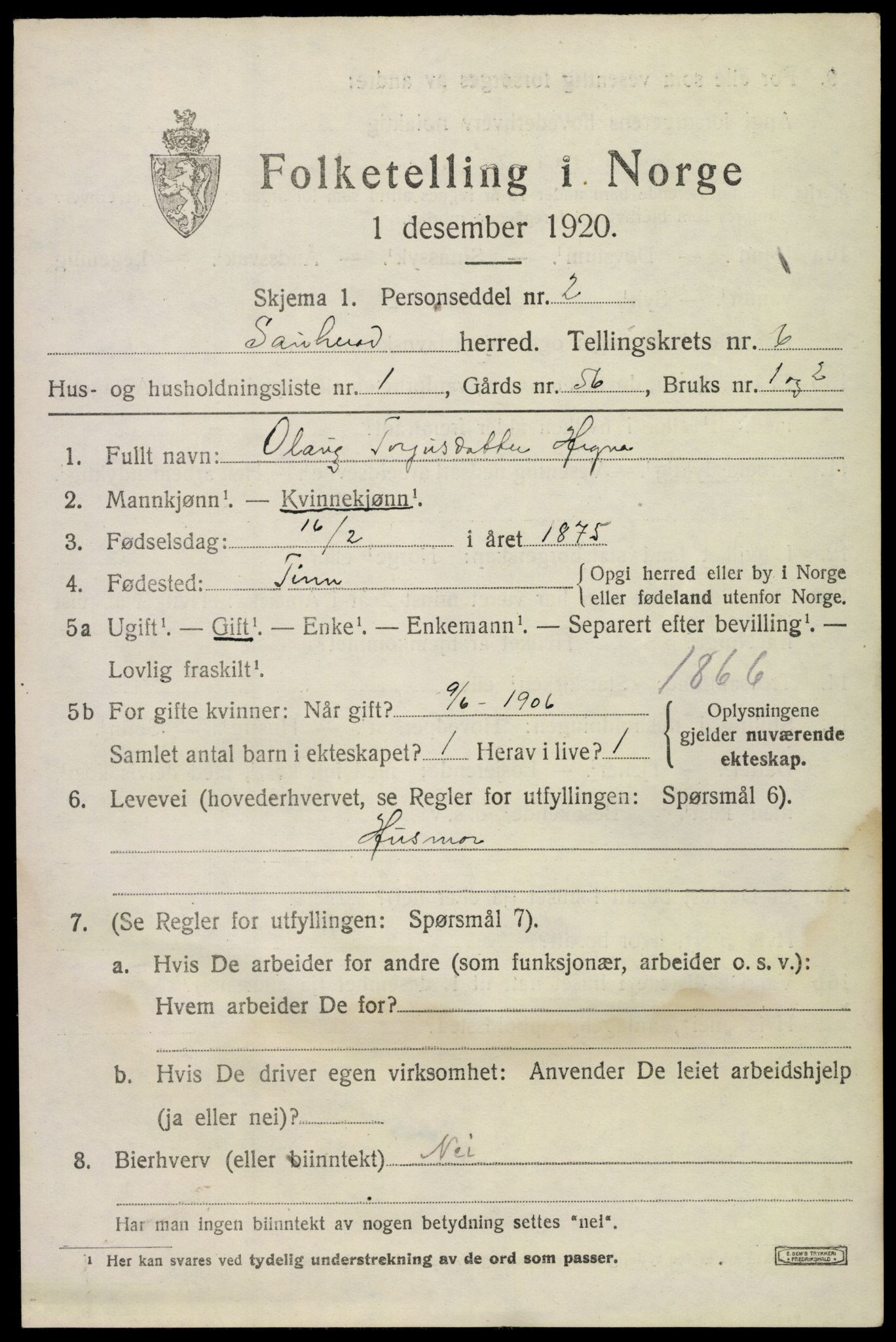 SAKO, 1920 census for Sauherad, 1920, p. 5069