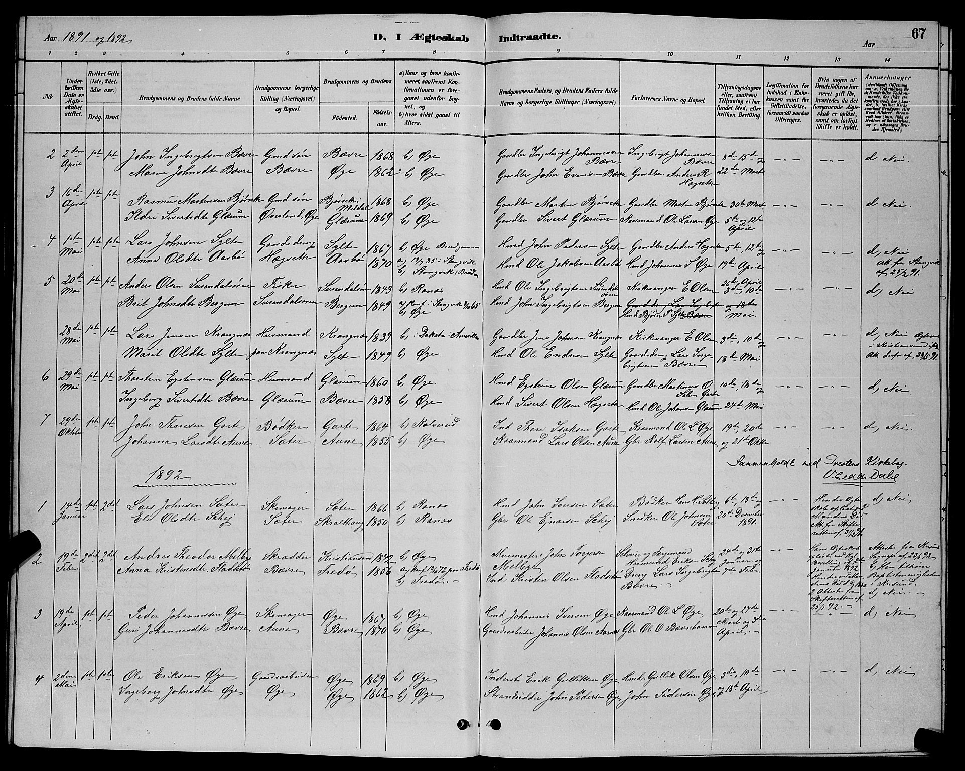 Ministerialprotokoller, klokkerbøker og fødselsregistre - Møre og Romsdal, AV/SAT-A-1454/595/L1052: Parish register (copy) no. 595C04, 1885-1900, p. 67