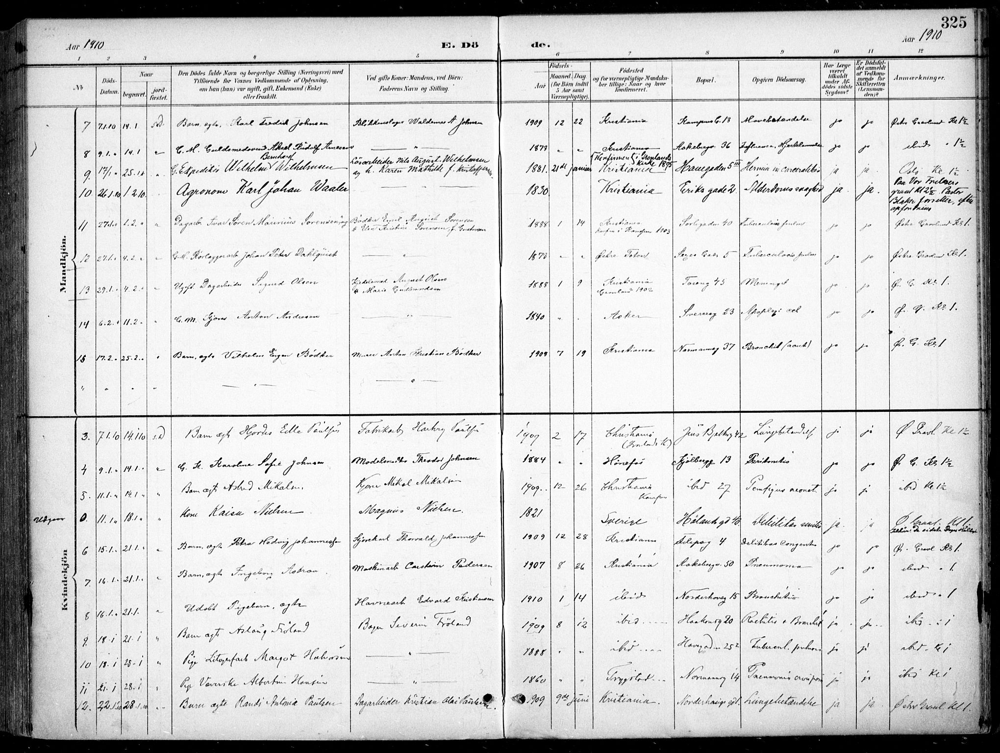 Kampen prestekontor Kirkebøker, AV/SAO-A-10853/F/Fa/L0009: Parish register (official) no. I 9, 1899-1911, p. 325