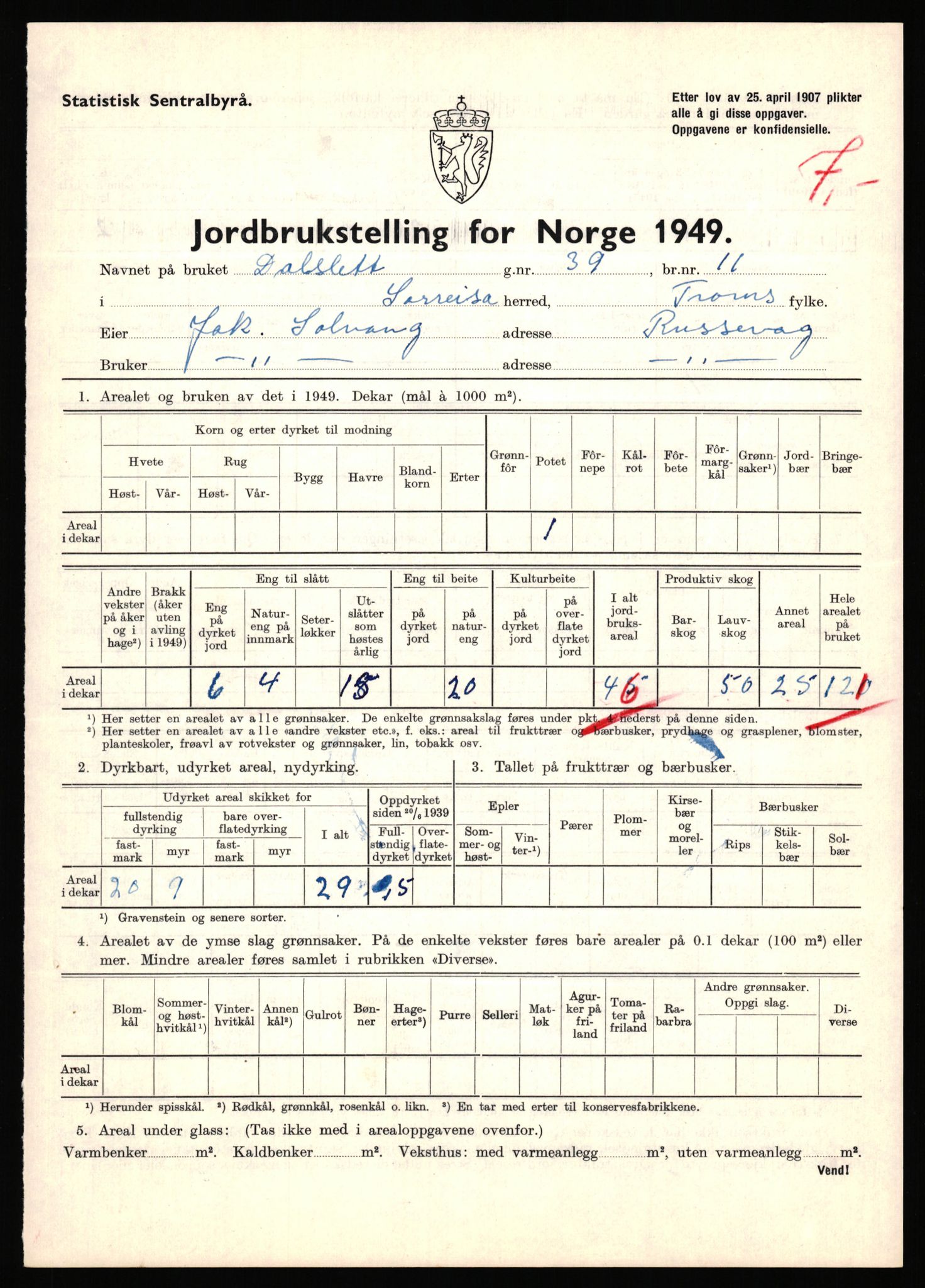 Statistisk sentralbyrå, Næringsøkonomiske emner, Jordbruk, skogbruk, jakt, fiske og fangst, AV/RA-S-2234/G/Gc/L0440: Troms: Sørreisa og Dyrøy, 1949, p. 531