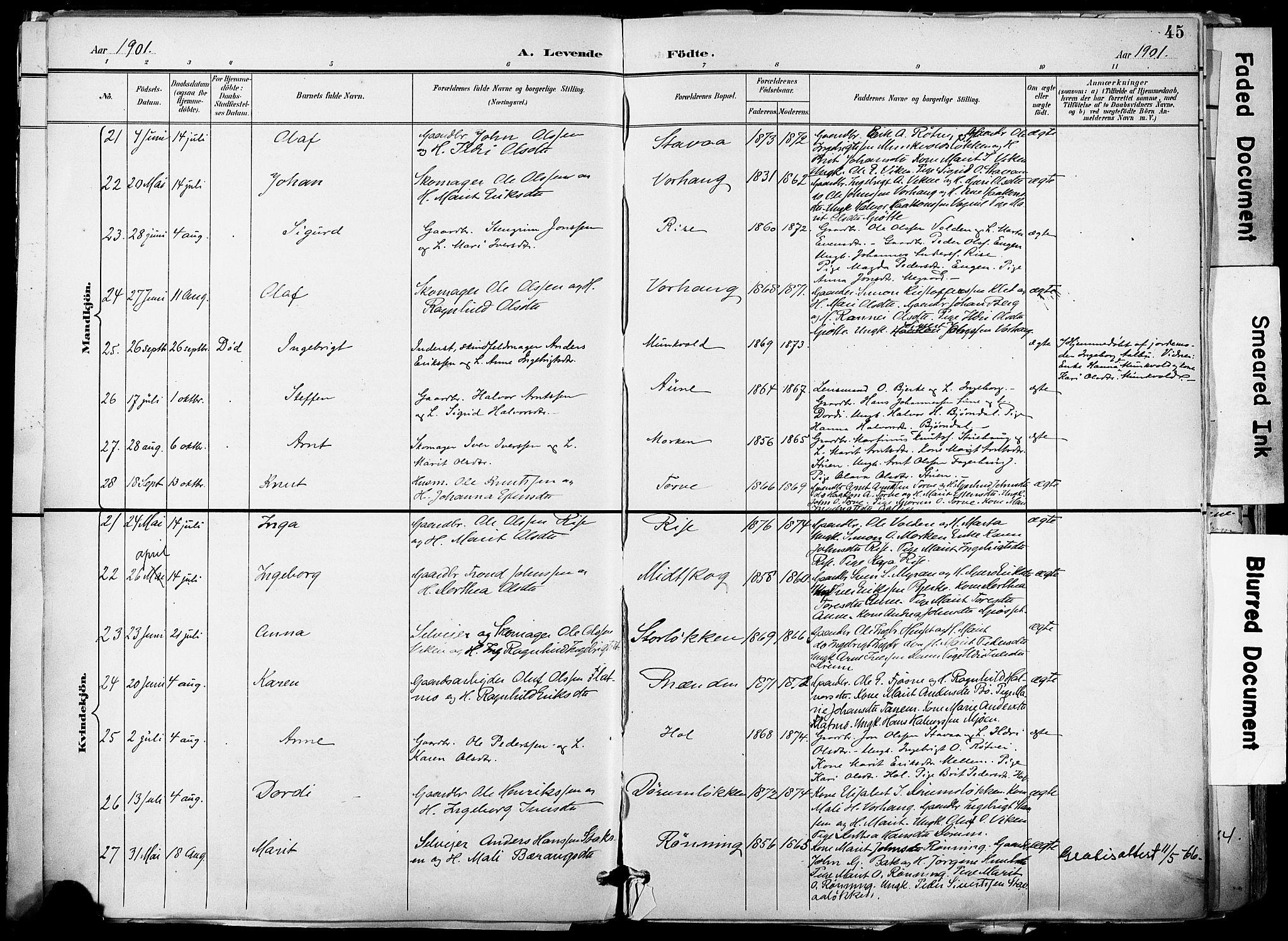 Ministerialprotokoller, klokkerbøker og fødselsregistre - Sør-Trøndelag, AV/SAT-A-1456/678/L0902: Parish register (official) no. 678A11, 1895-1911, p. 45