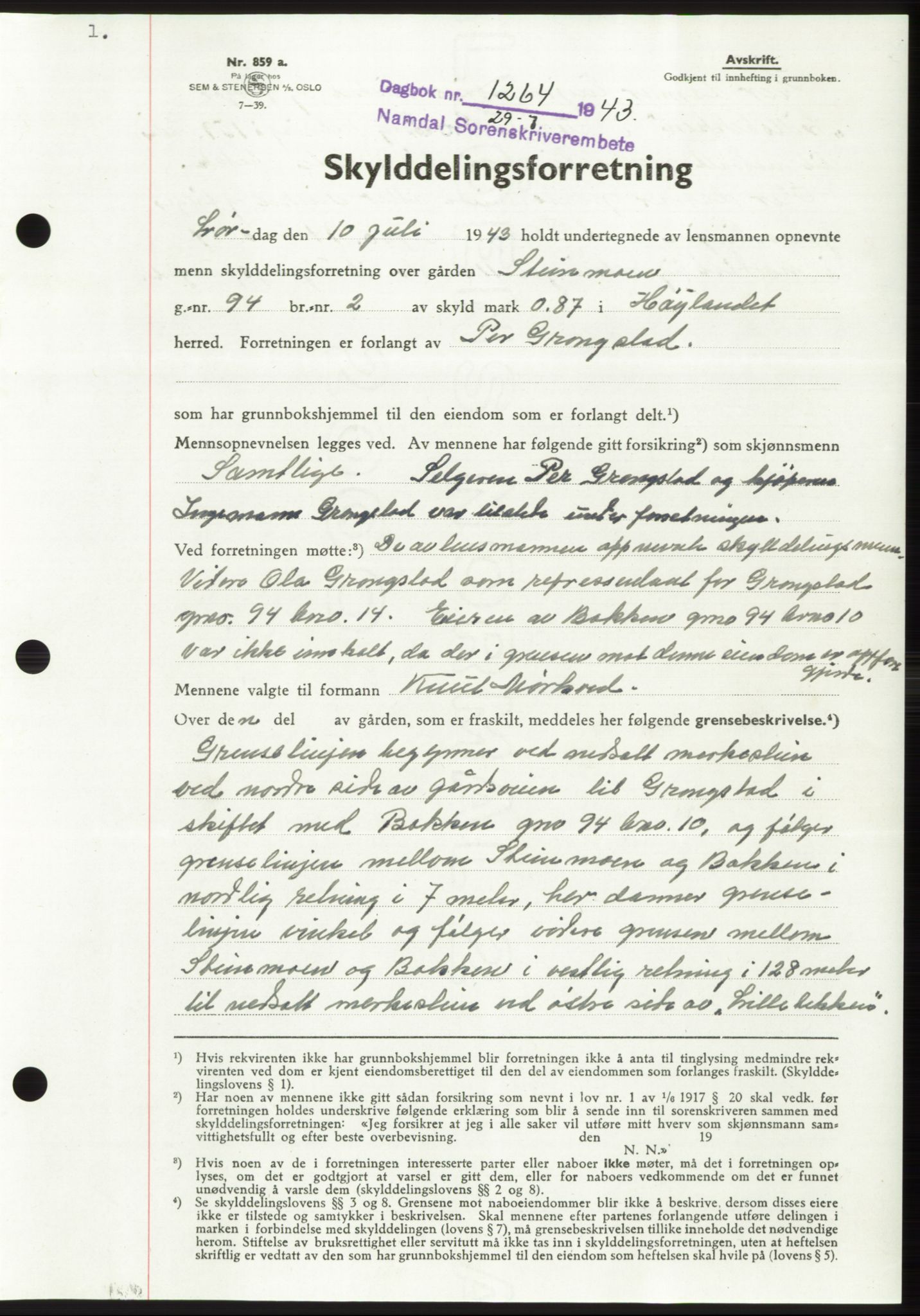 Namdal sorenskriveri, AV/SAT-A-4133/1/2/2C: Mortgage book no. -, 1943-1944, Diary no: : 1264/1943