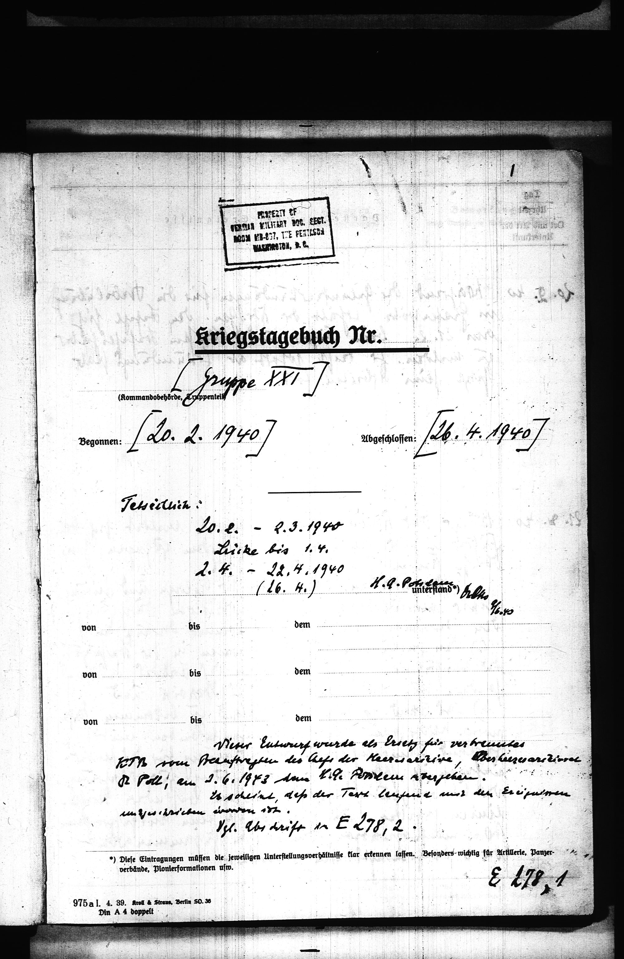 Documents Section, AV/RA-RAFA-2200/V/L0075: Amerikansk mikrofilm "Captured German Documents".
Box No. 714.  FKA jnr. 615/1954., 1940, p. 106