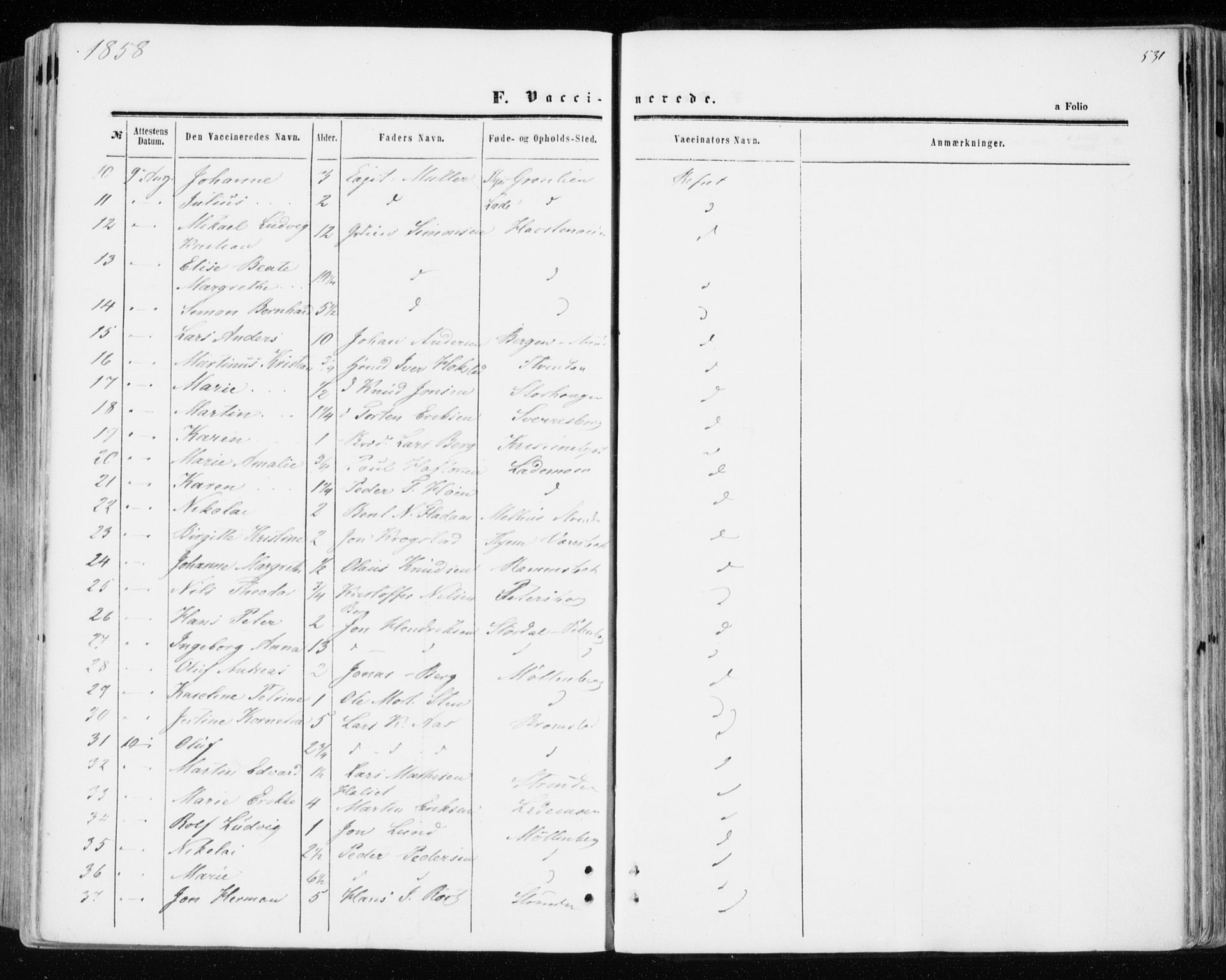 Ministerialprotokoller, klokkerbøker og fødselsregistre - Sør-Trøndelag, SAT/A-1456/606/L0292: Parish register (official) no. 606A07, 1856-1865, p. 531
