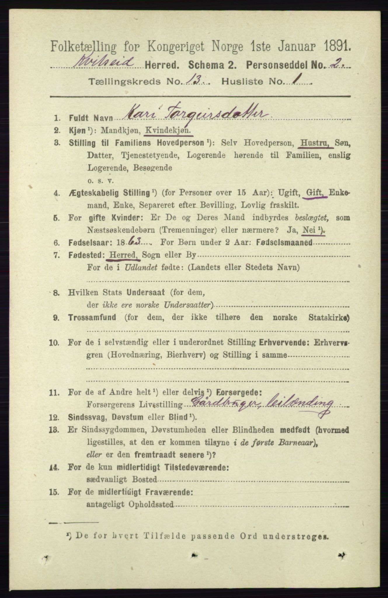 RA, 1891 census for 0829 Kviteseid, 1891, p. 3083