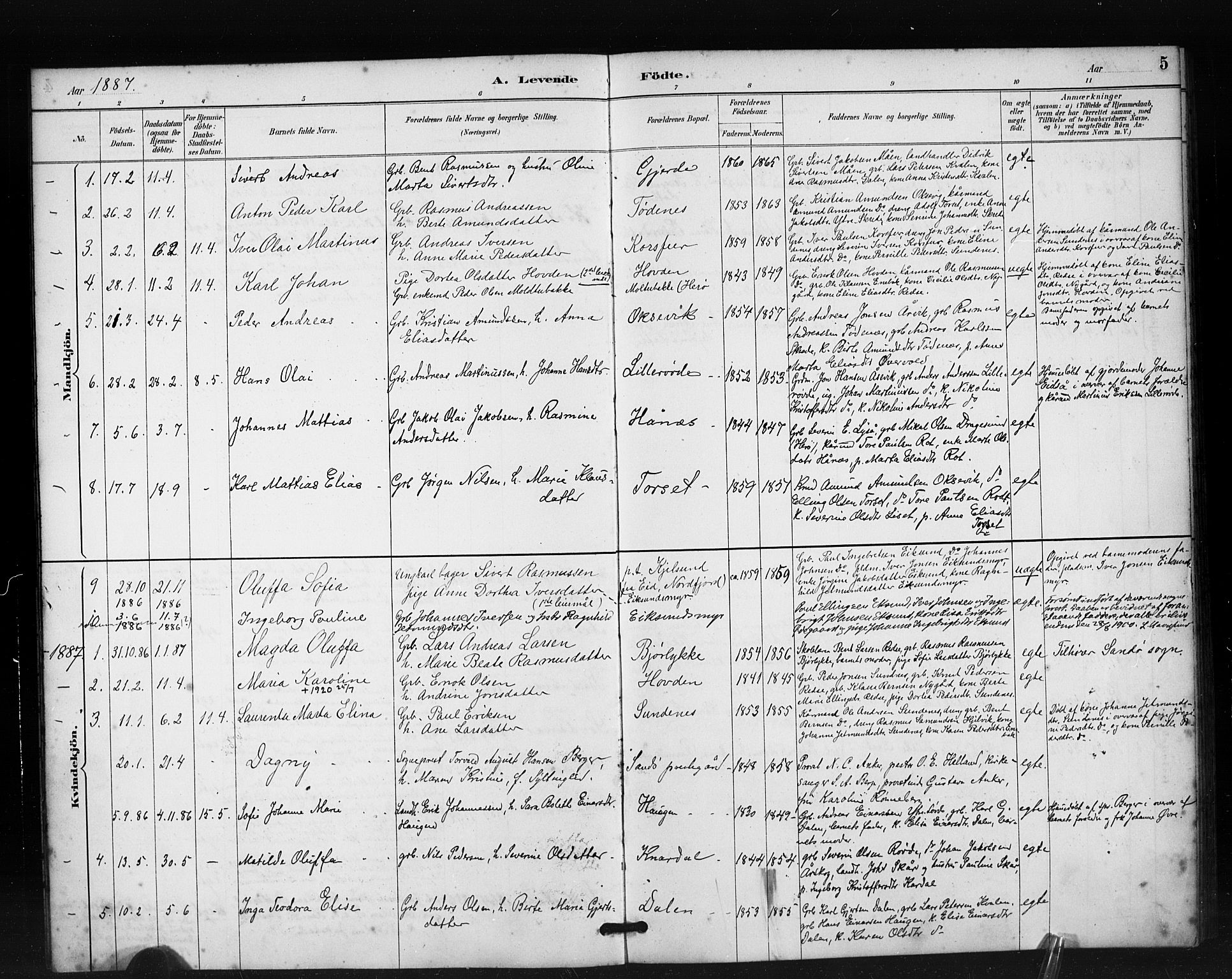 Ministerialprotokoller, klokkerbøker og fødselsregistre - Møre og Romsdal, AV/SAT-A-1454/504/L0056: Parish register (official) no. 504A03, 1884-1904, p. 5