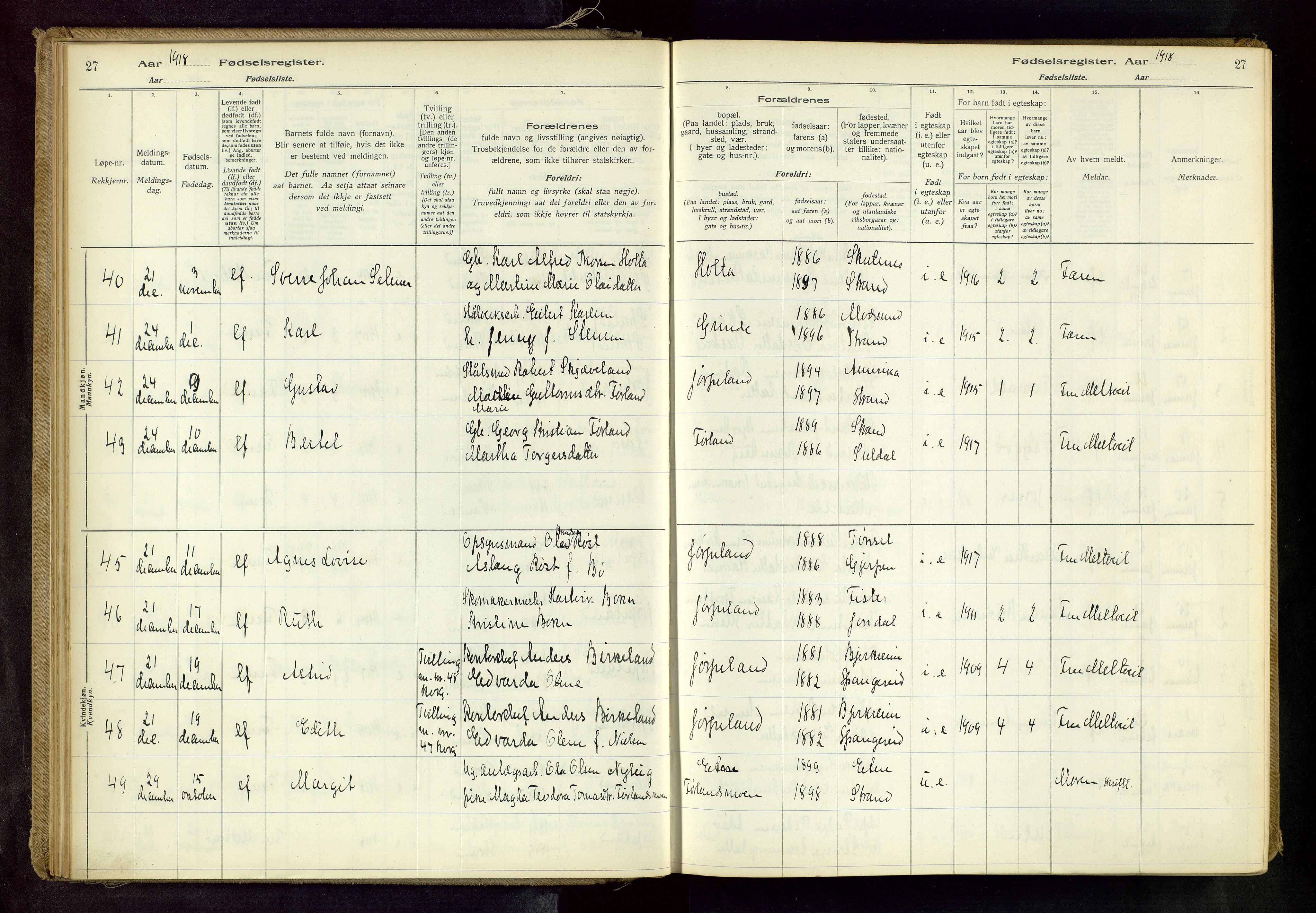 Strand sokneprestkontor, AV/SAST-A-101828/I/Id/L0001: Birth register no. 1, 1916-1938, p. 27