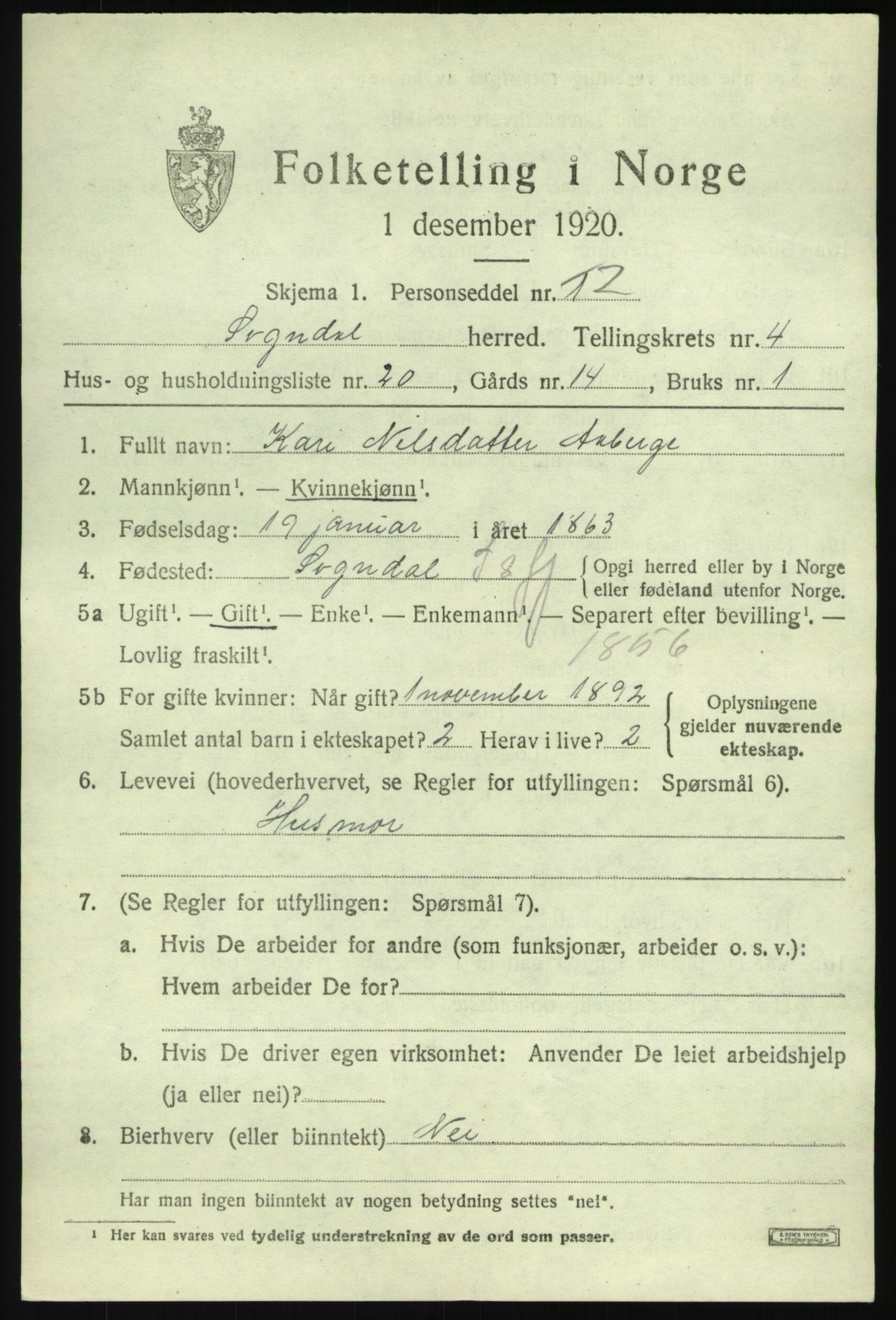 SAB, 1920 census for Sogndal, 1920, p. 2635