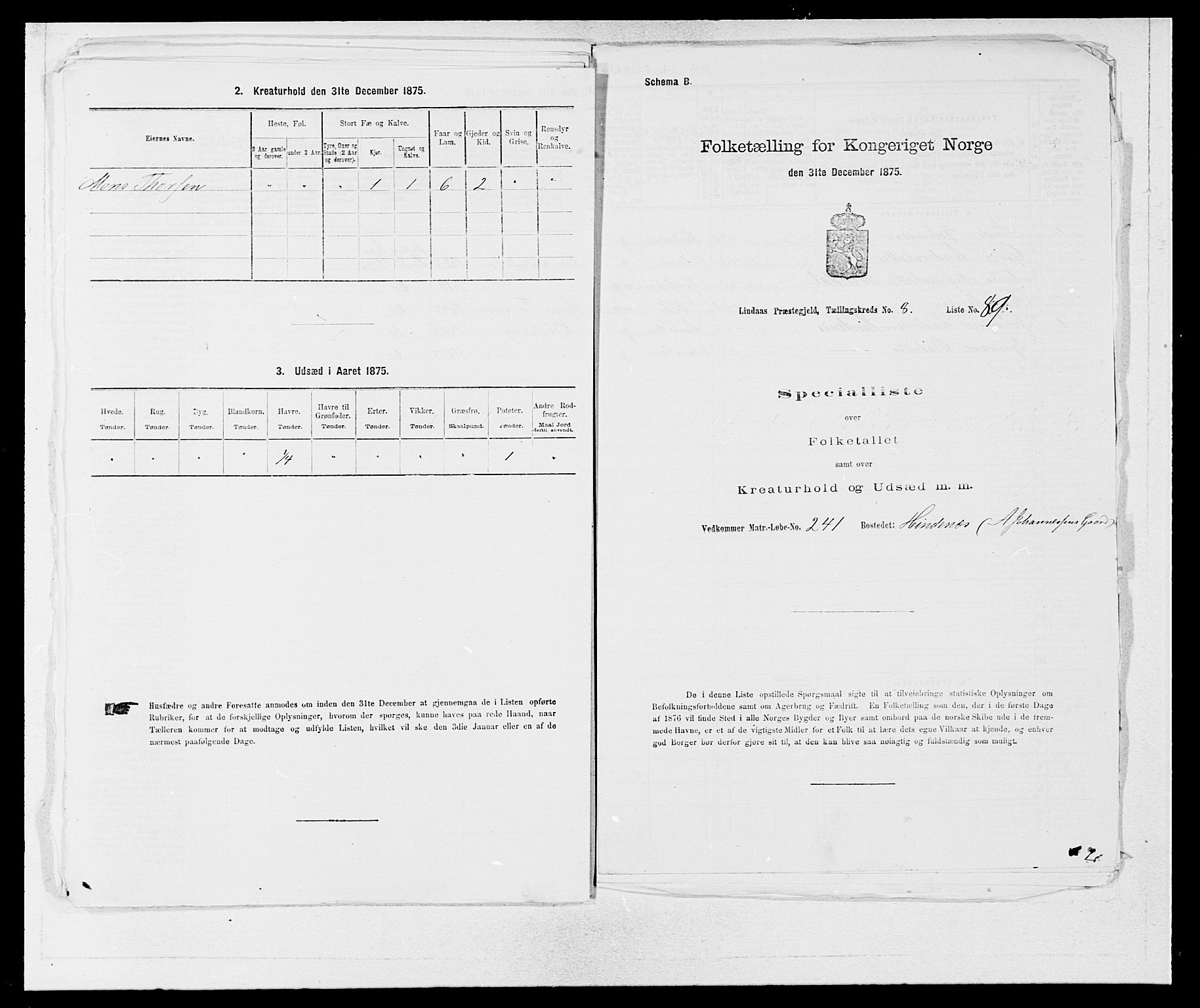 SAB, 1875 census for 1263P Lindås, 1875, p. 810