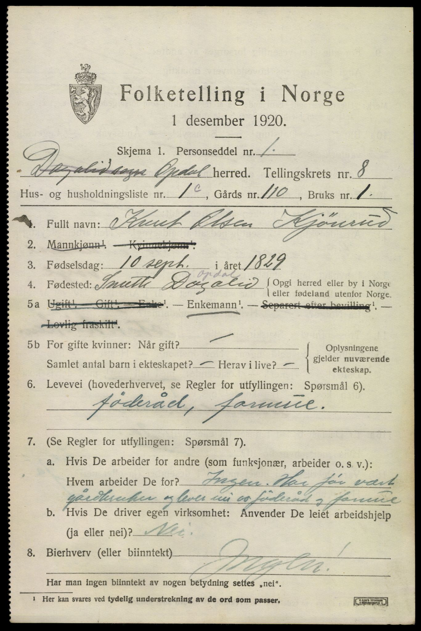 SAKO, 1920 census for Uvdal, 1920, p. 3075