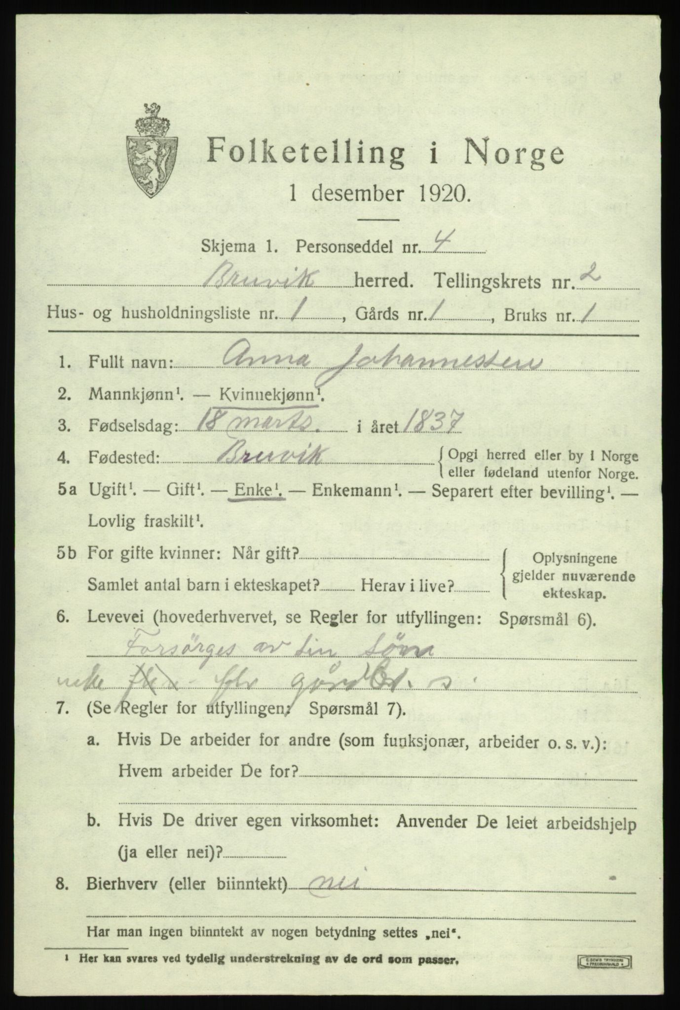 SAB, 1920 census for Bruvik, 1920, p. 1362