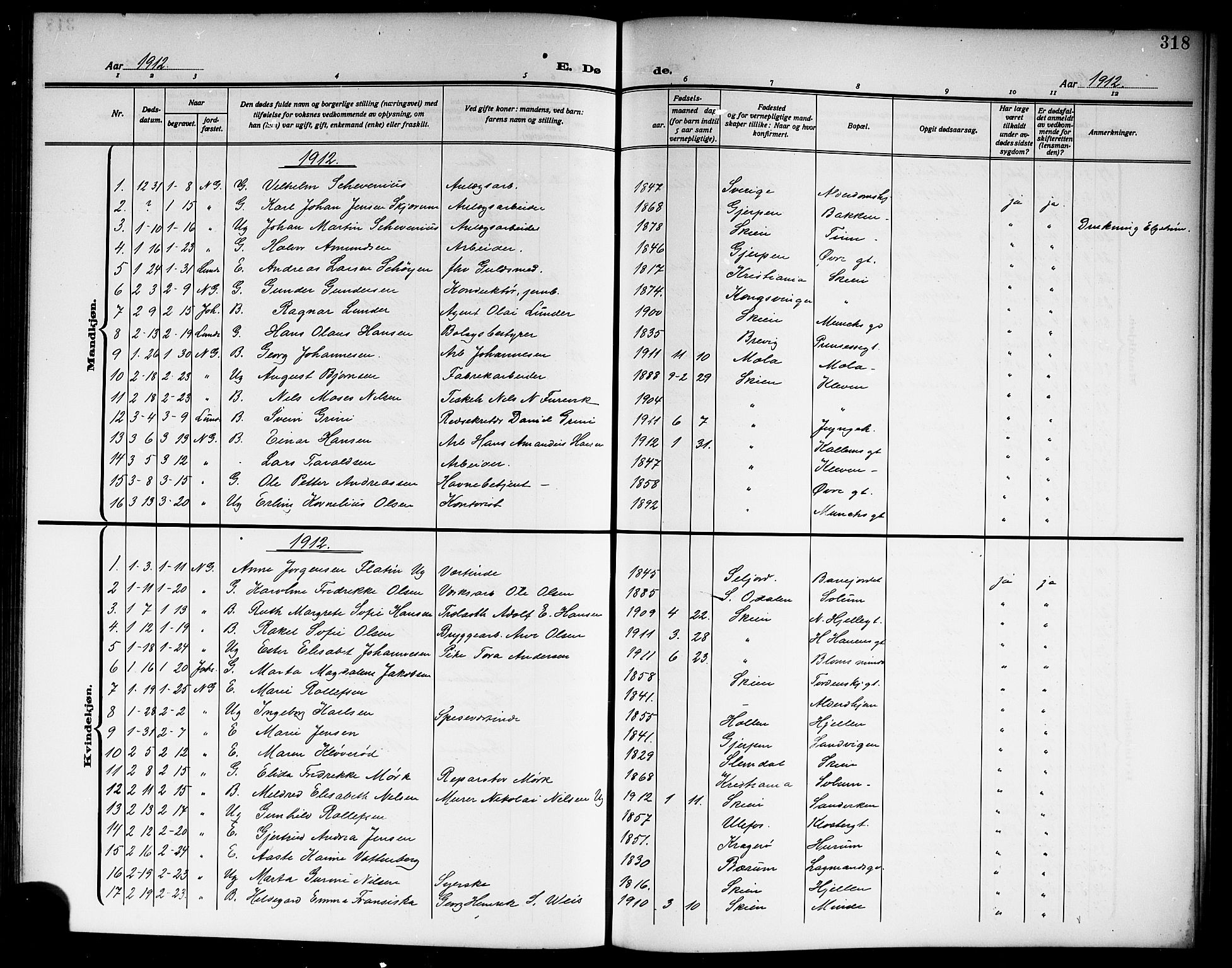 Skien kirkebøker, AV/SAKO-A-302/G/Ga/L0009: Parish register (copy) no. 9, 1910-1920, p. 318