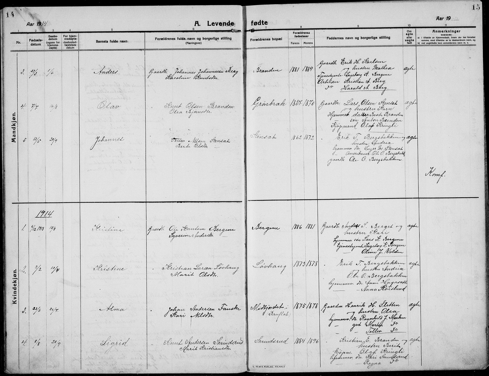 Etnedal prestekontor, AV/SAH-PREST-130/H/Ha/Hab/Habb/L0002: Parish register (copy) no. II 2, 1912-1934, p. 14-15