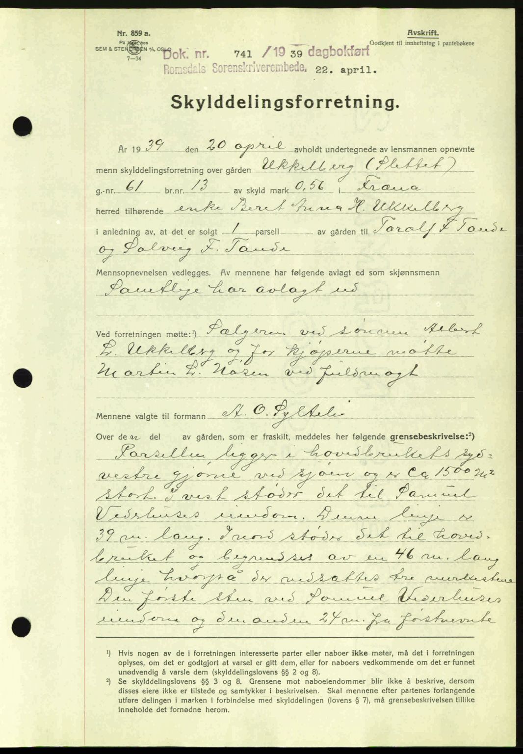 Romsdal sorenskriveri, AV/SAT-A-4149/1/2/2C: Mortgage book no. A6, 1938-1939, Diary no: : 741/1939