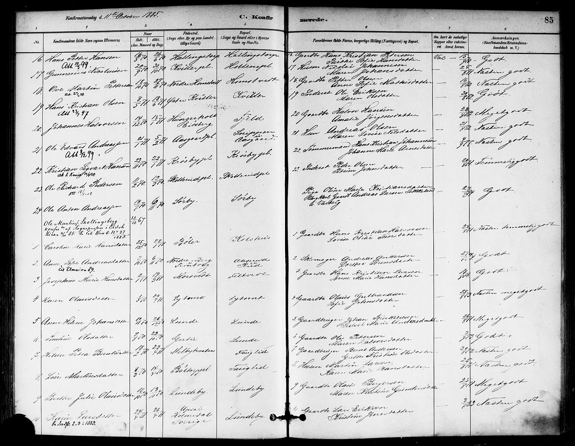 Eidsberg prestekontor Kirkebøker, AV/SAO-A-10905/F/Fb/L0001: Parish register (official) no. II 1, 1879-1900, p. 85