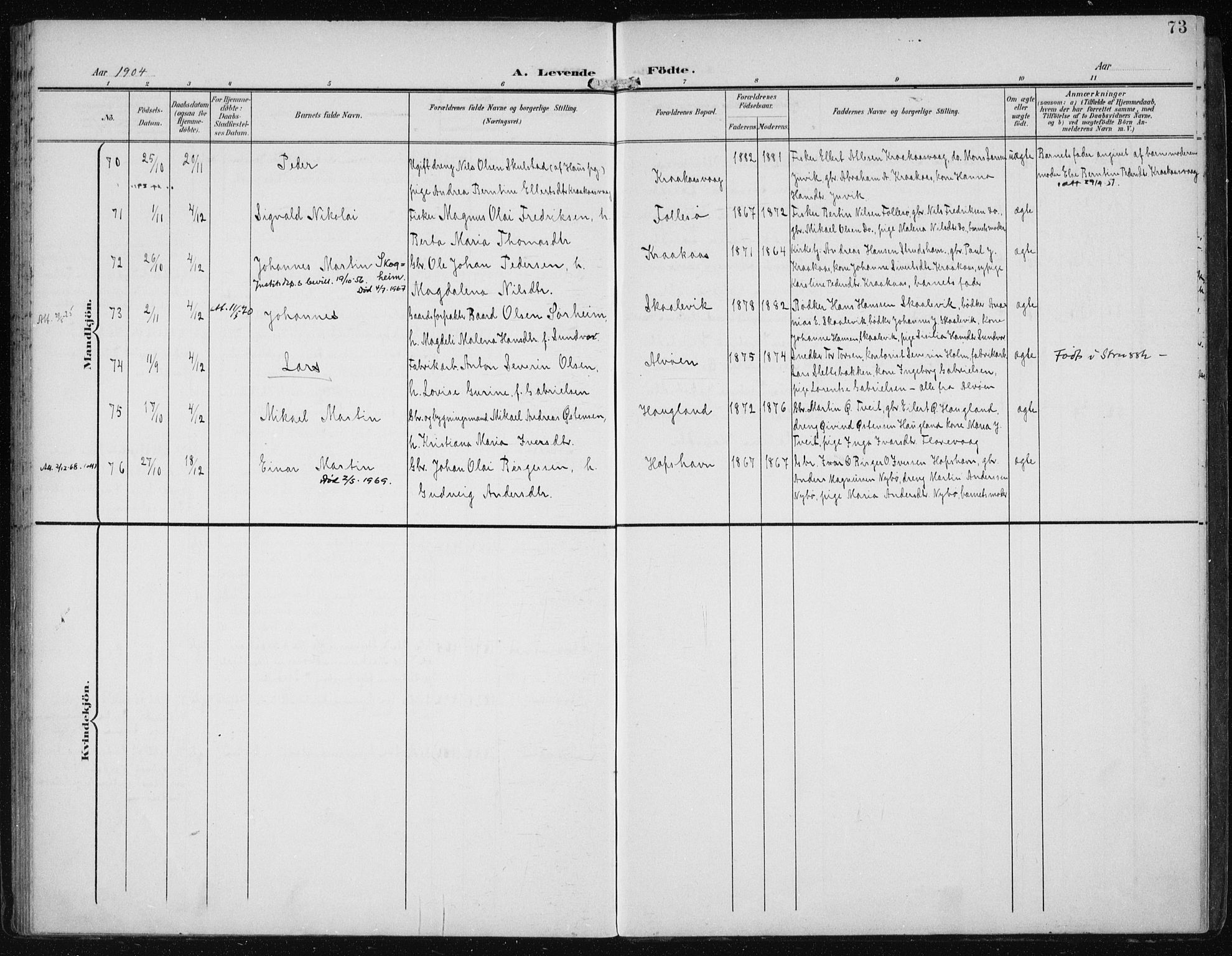 Askøy Sokneprestembete, SAB/A-74101/H/Ha/Haa/Haac/L0001: Parish register (official) no. C 1, 1899-1905, p. 73