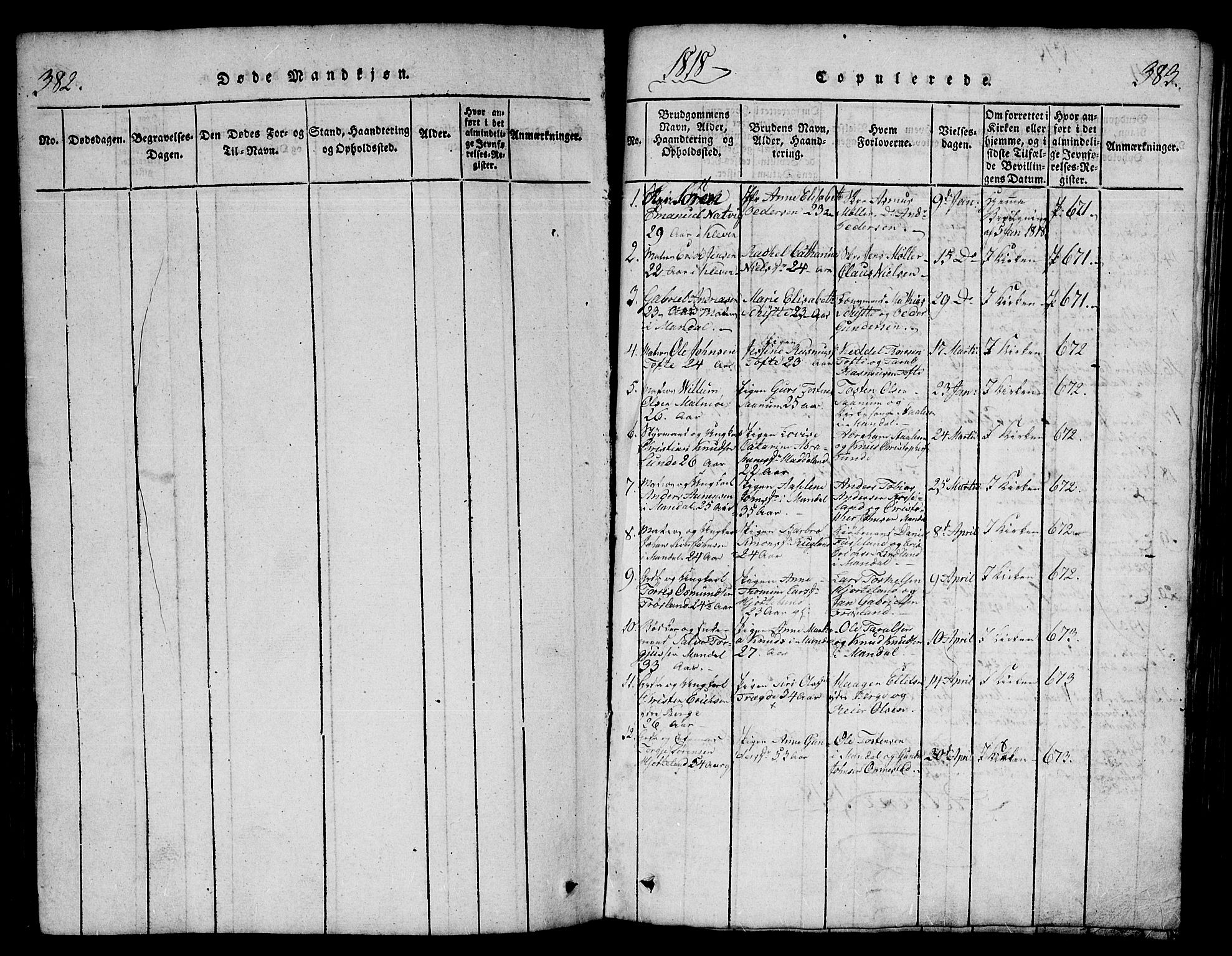 Mandal sokneprestkontor, SAK/1111-0030/F/Fb/Fba/L0001: Parish register (copy) no. B 1, 1818-1830, p. 382-383