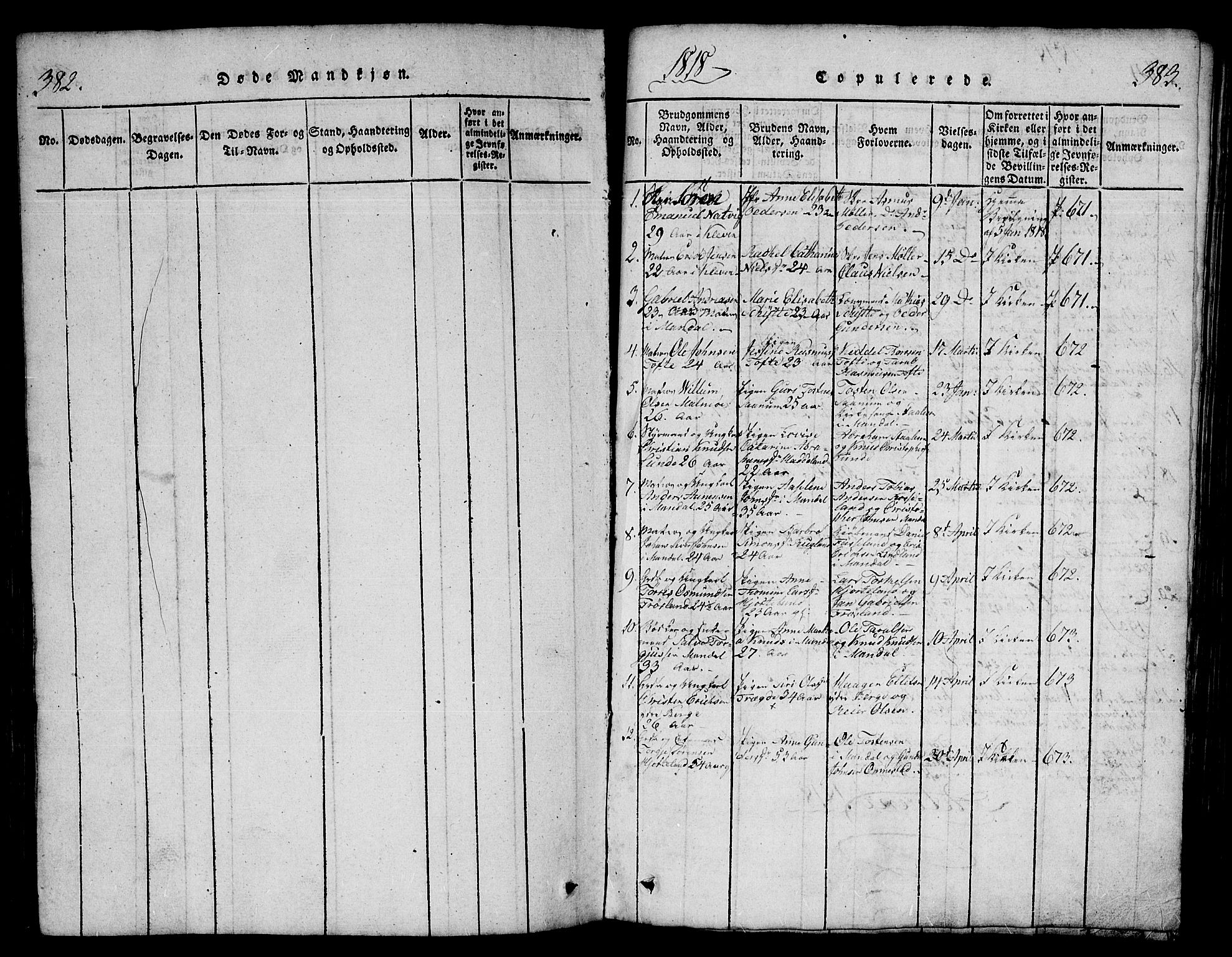 Mandal sokneprestkontor, AV/SAK-1111-0030/F/Fb/Fba/L0001: Parish register (copy) no. B 1, 1818-1830, p. 382-383