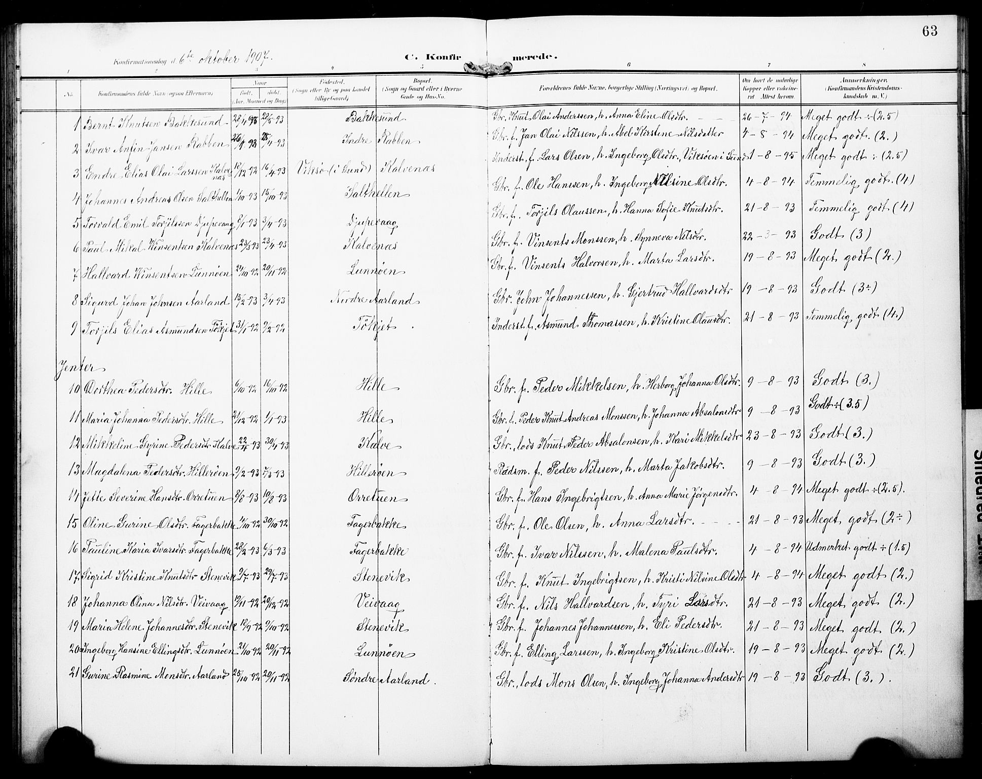 Austevoll Sokneprestembete, SAB/A-74201/H/Hab: Parish register (copy) no. B 5, 1902-1910, p. 63