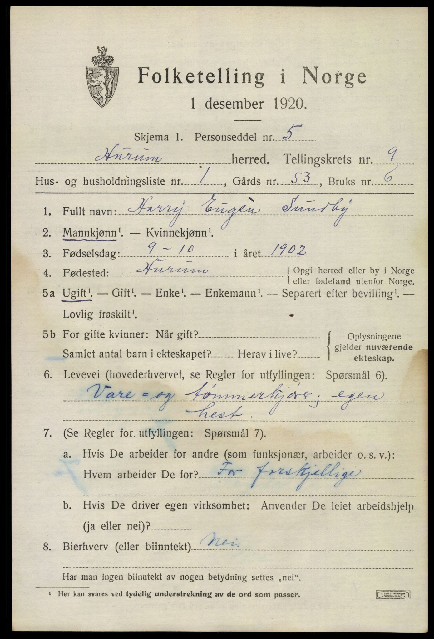 SAKO, 1920 census for Hurum, 1920, p. 11988