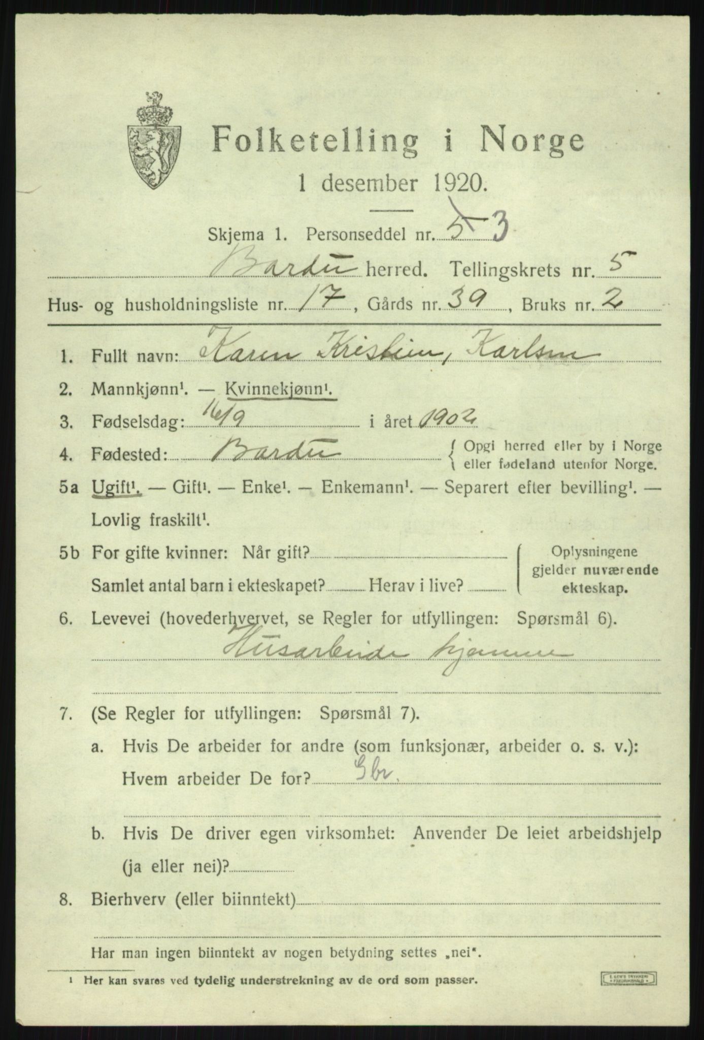 SATØ, 1920 census for Bardu, 1920, p. 2359