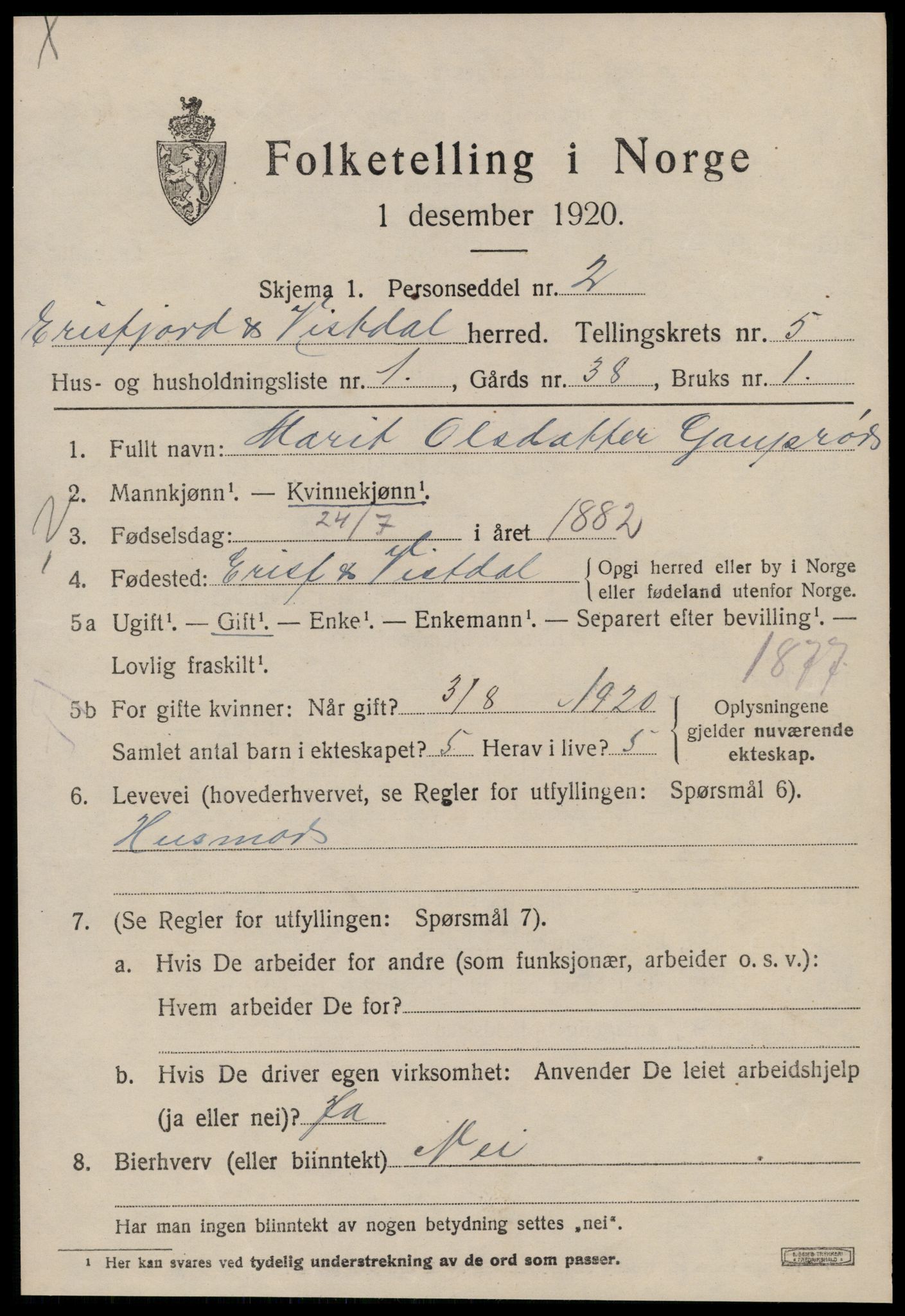 SAT, 1920 census for Eresfjord og Vistdal, 1920, p. 2517