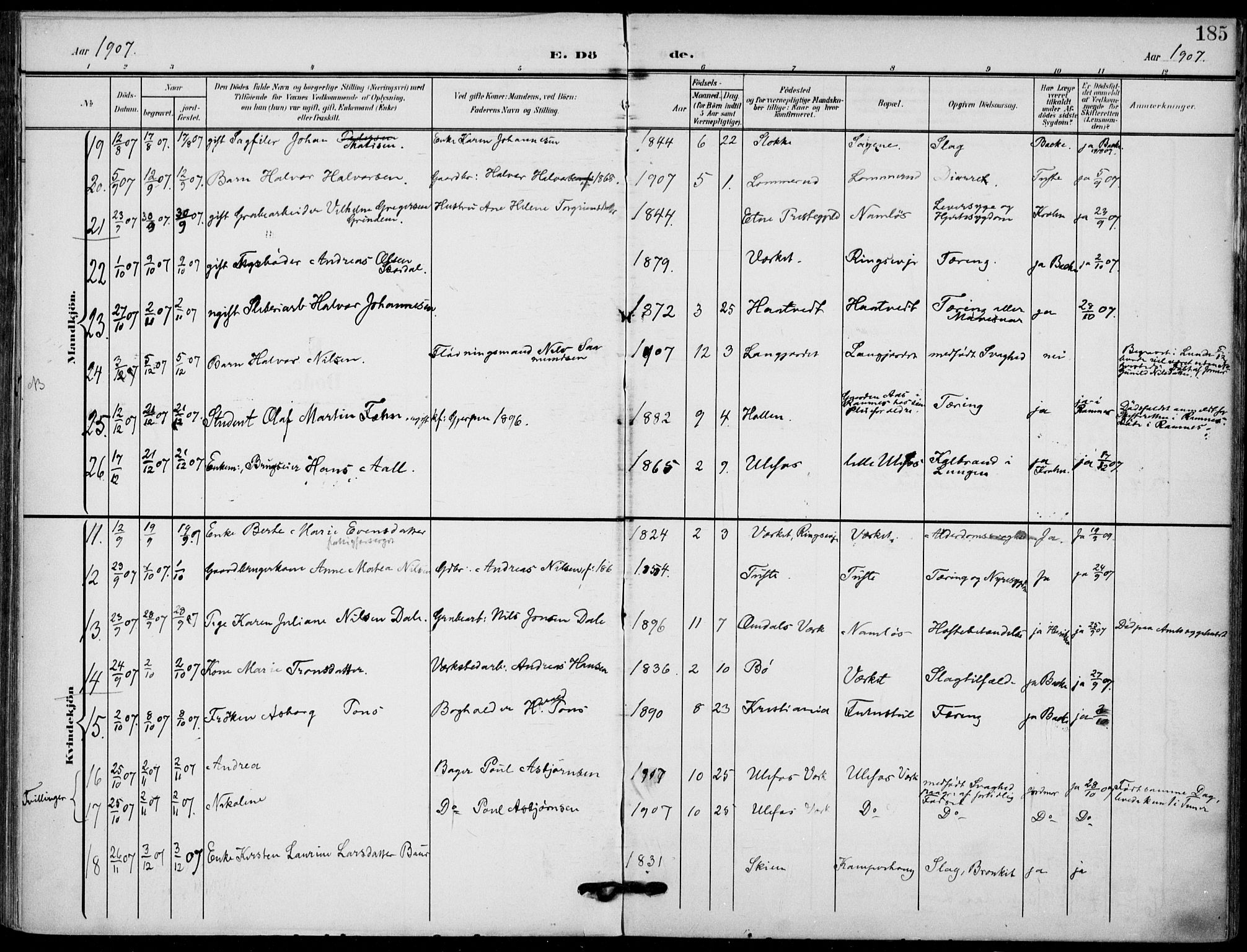 Holla kirkebøker, AV/SAKO-A-272/F/Fa/L0012: Parish register (official) no. 12, 1907-1923, p. 185