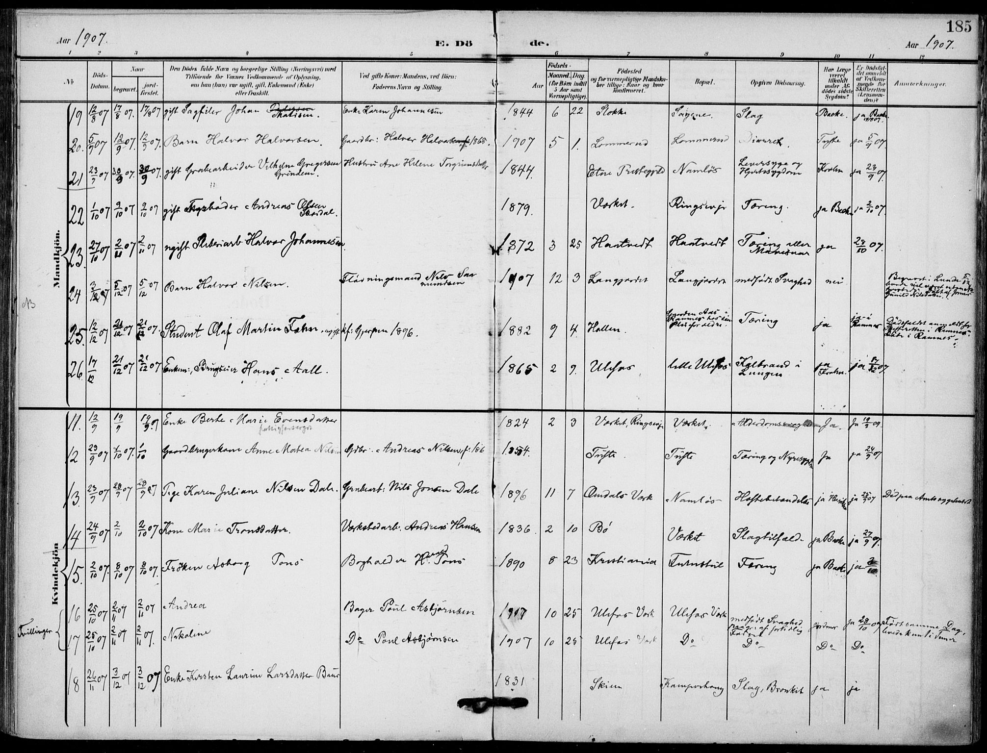 Holla kirkebøker, SAKO/A-272/F/Fa/L0012: Parish register (official) no. 12, 1907-1923, p. 185