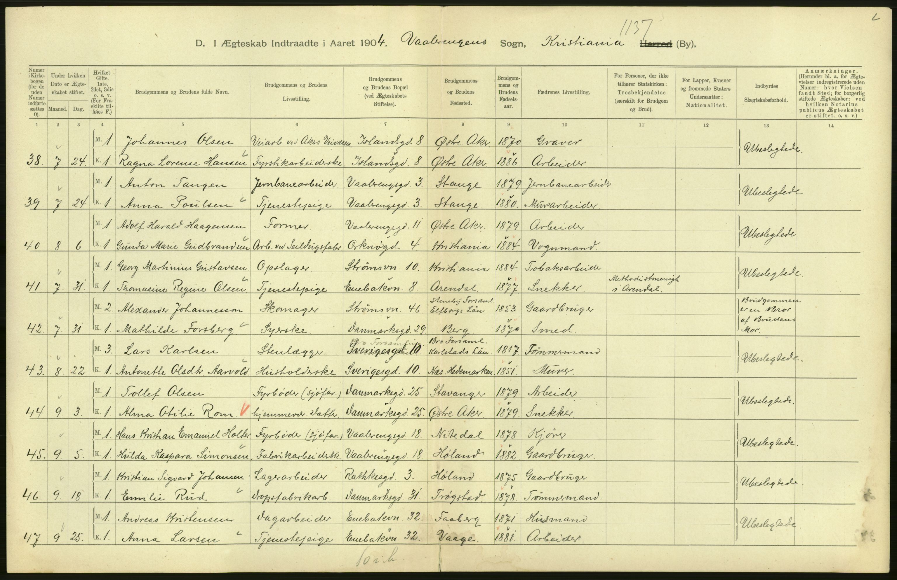 Statistisk sentralbyrå, Sosiodemografiske emner, Befolkning, AV/RA-S-2228/D/Df/Dfa/Dfab/L0004: Kristiania: Gifte, døde, 1904, p. 10