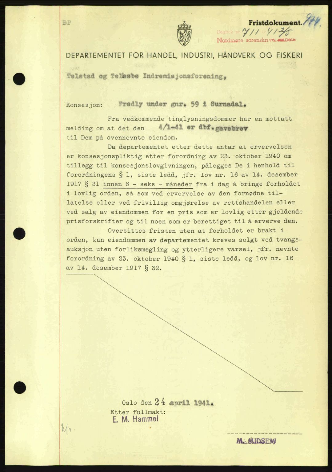 Nordmøre sorenskriveri, AV/SAT-A-4132/1/2/2Ca: Mortgage book no. B87, 1940-1941, Diary no: : 711/1941