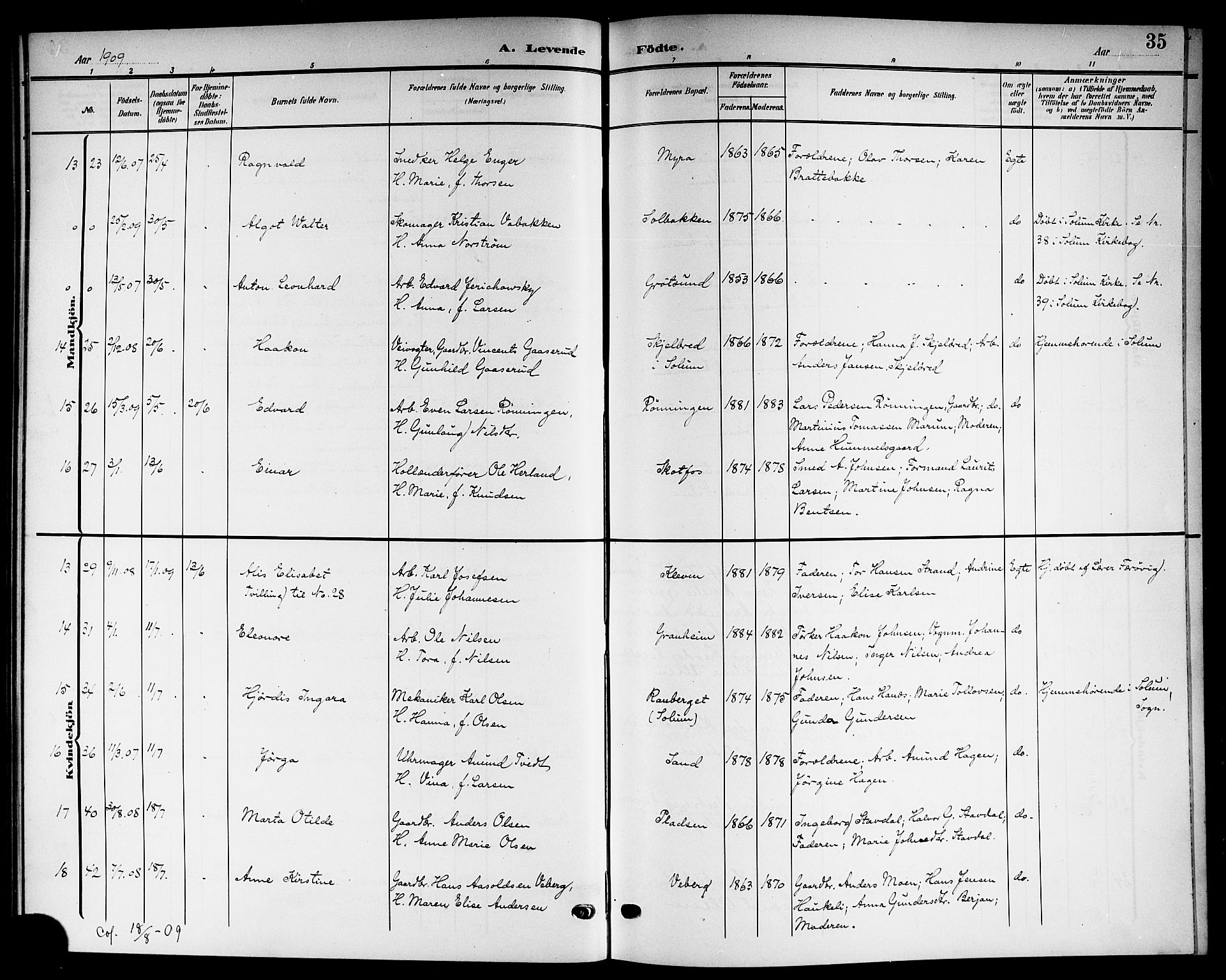 Solum kirkebøker, AV/SAKO-A-306/G/Gb/L0005: Parish register (copy) no. II 5, 1905-1914, p. 35