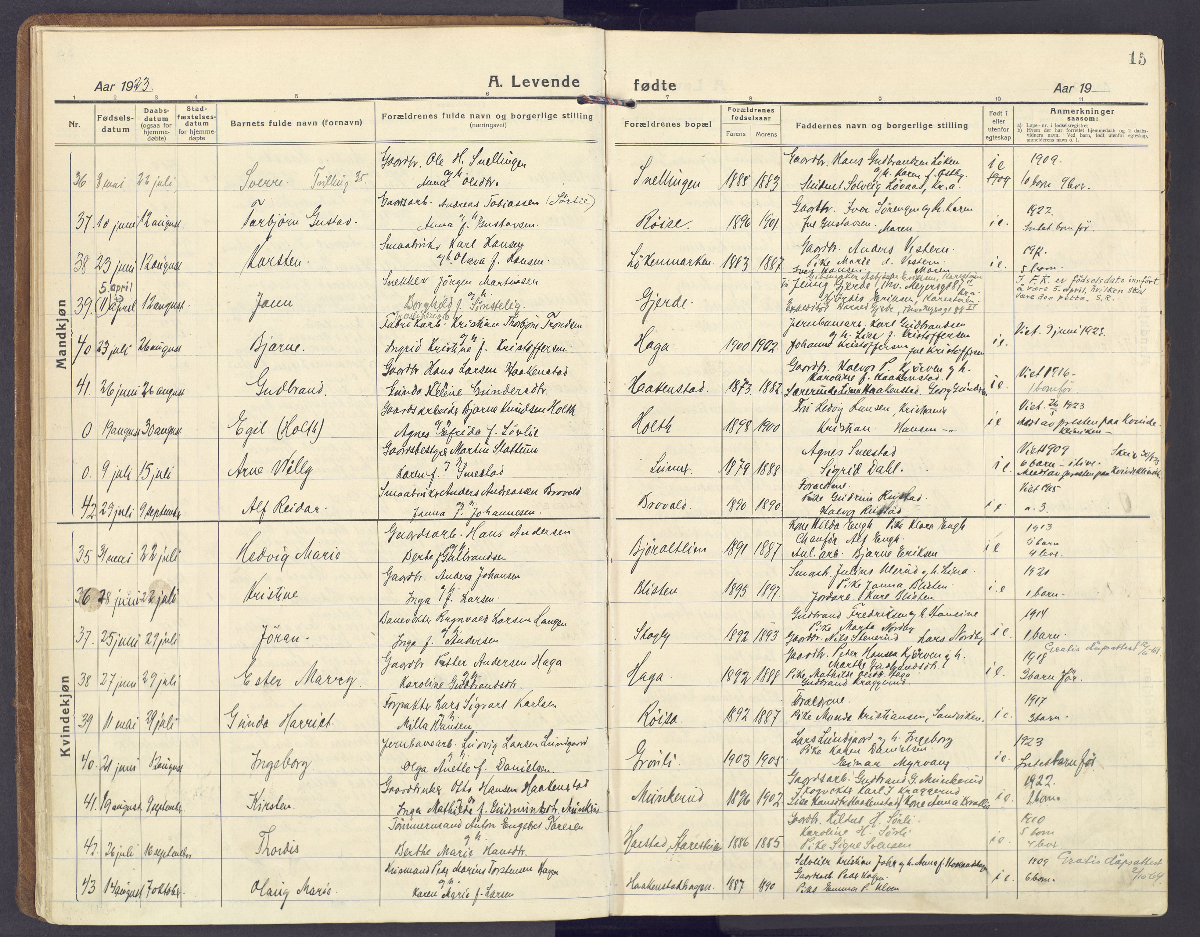 Lunner prestekontor, SAH/PREST-118/H/Ha/Haa/L0002: Parish register (official) no. 2, 1922-1931, p. 15